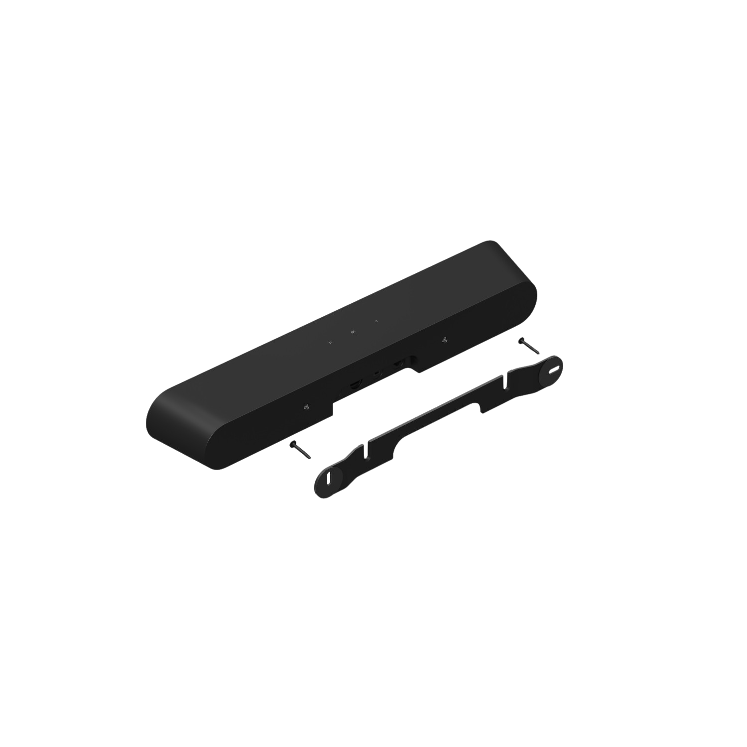 Zwarte soundbar met montagebeugel en schroeven, geïsoleerd op zwarte achtergrond.