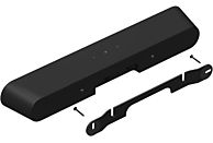 Zwarte soundbar met montagebeugel en schroeven, geïsoleerd op zwarte achtergrond.