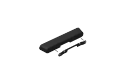 Black soundbar with mounting bracket and screws, isolated on black background.