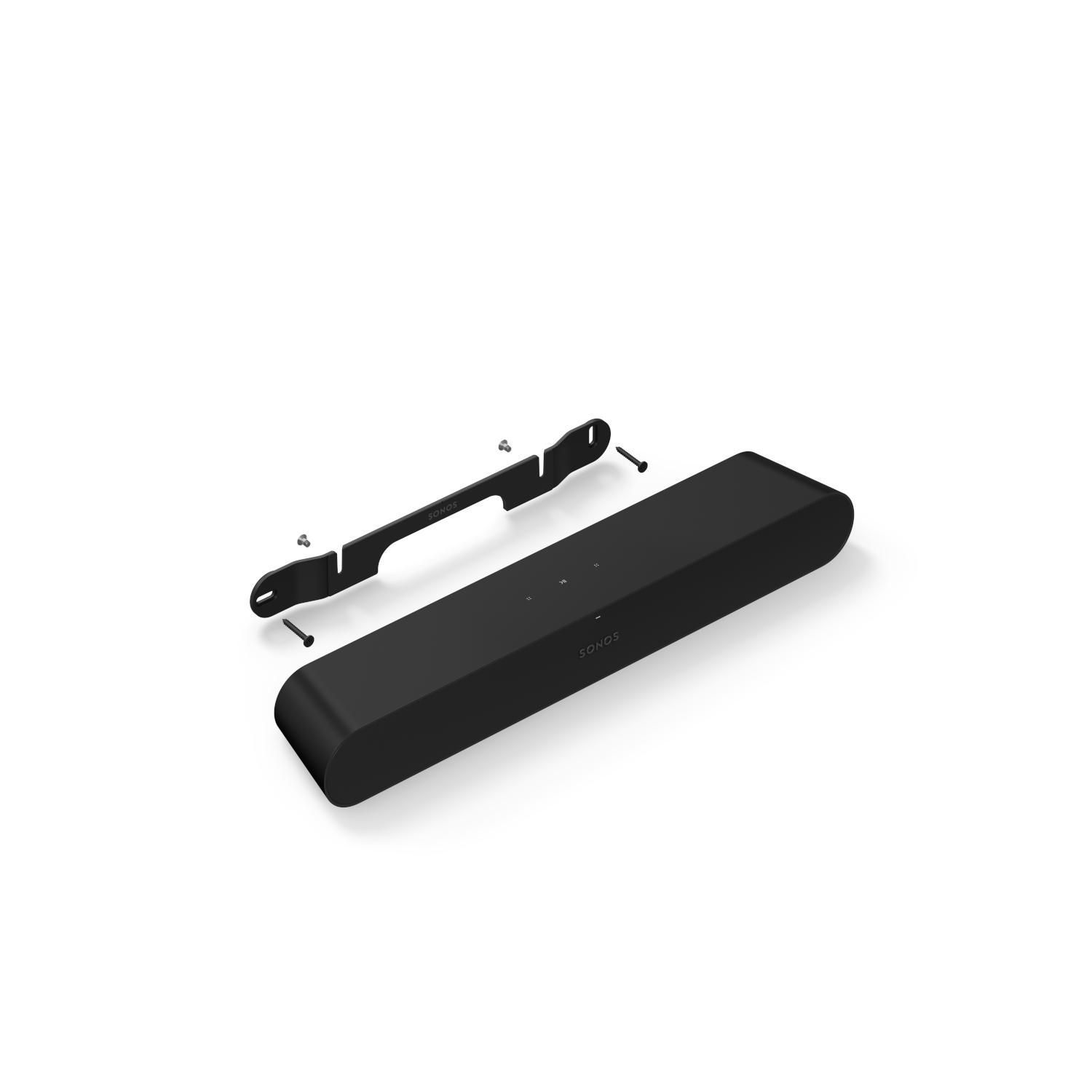 Zwarte soundbar, aparte montagebeugel en schroeven op een witte achtergrond.