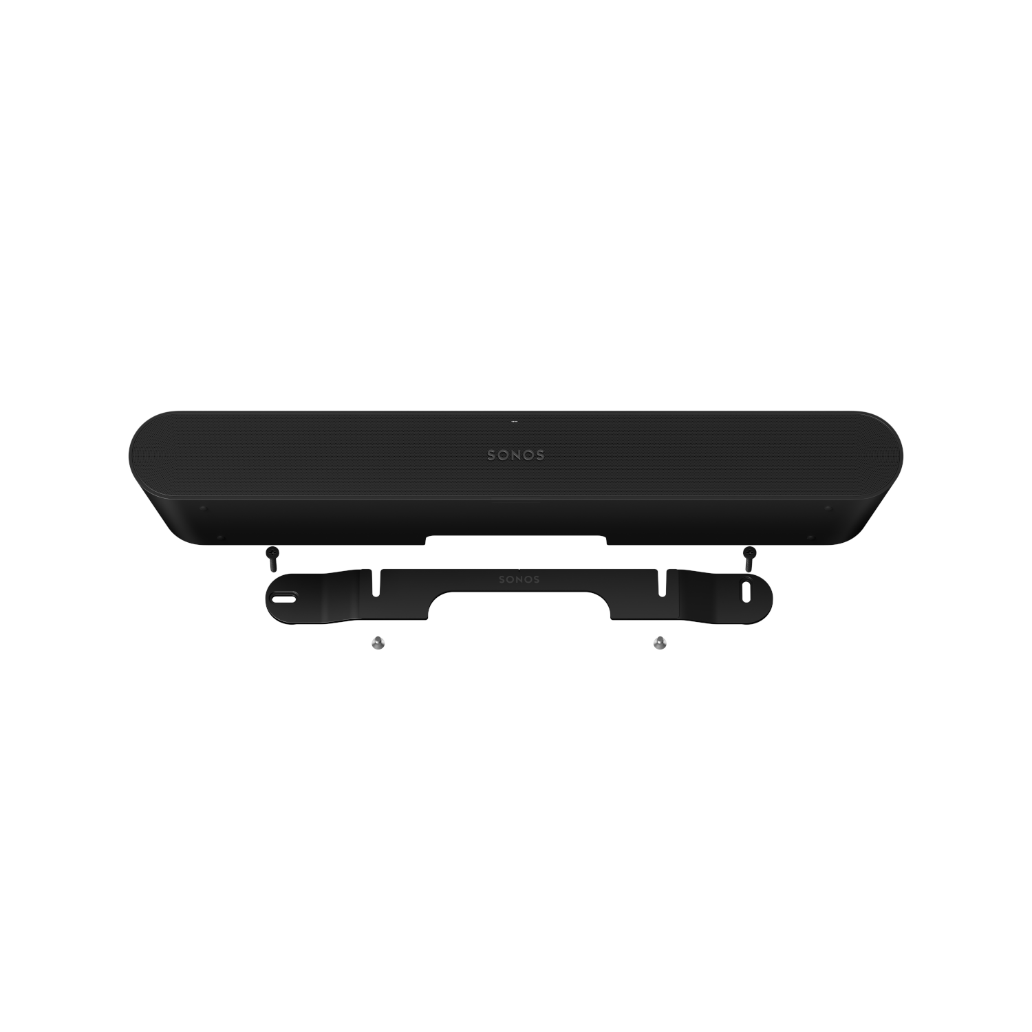Zwarte Sonos soundbar en montagebeugel tegen een witte achtergrond.