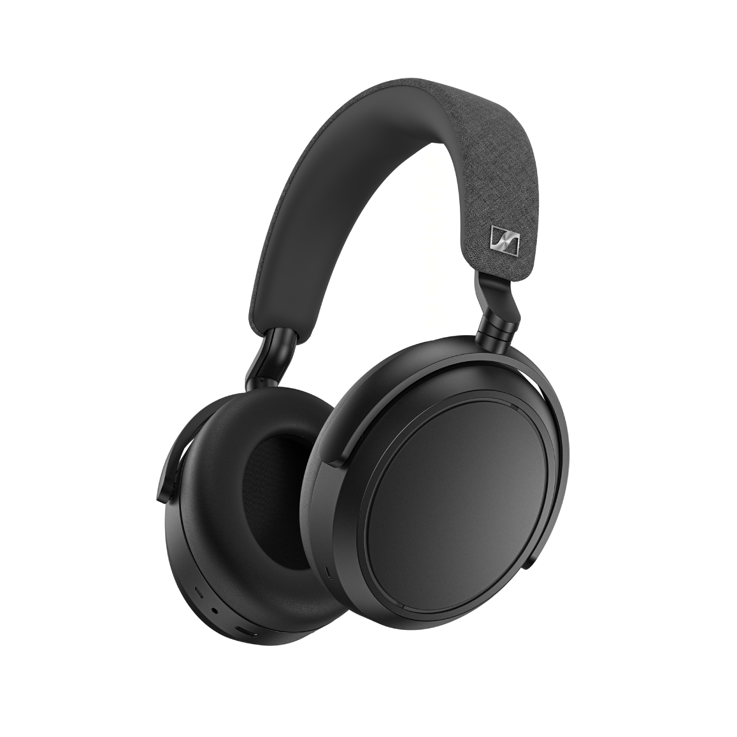 Een zwarte over-ear koptelefoon met een grijze stoffen hoofdband, geïsoleerd op witte achtergrond.
