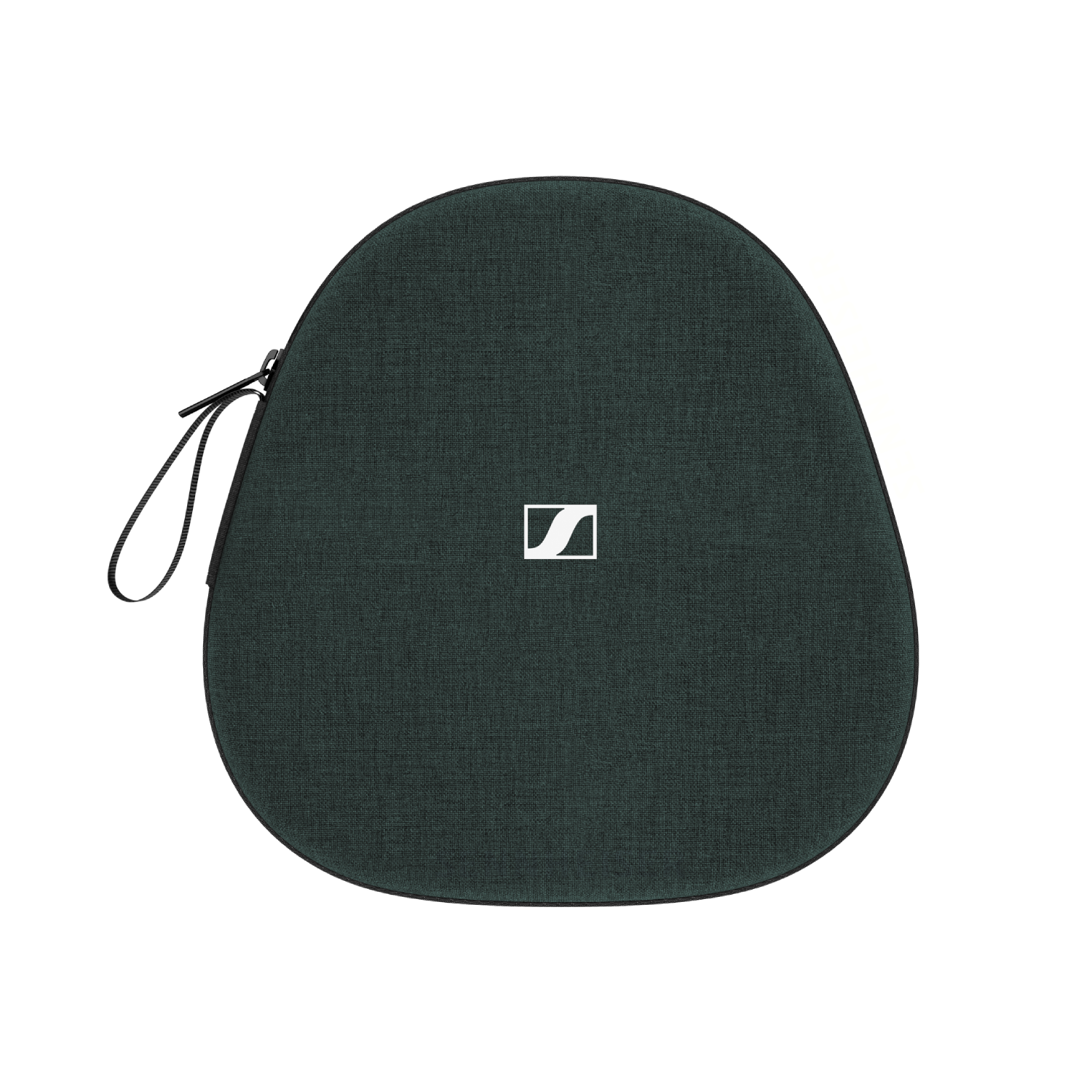 Donkerblauwgroene, ovale hoofdtelefoontas met rits en wit logo.