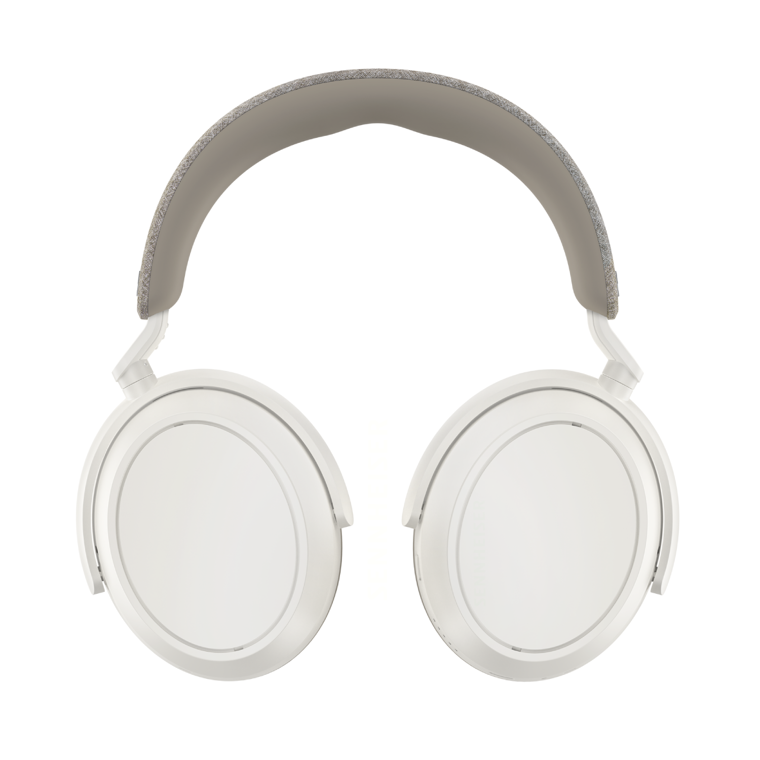 Witte koptelefoon met een grijze hoofdband, op een witte achtergrond.