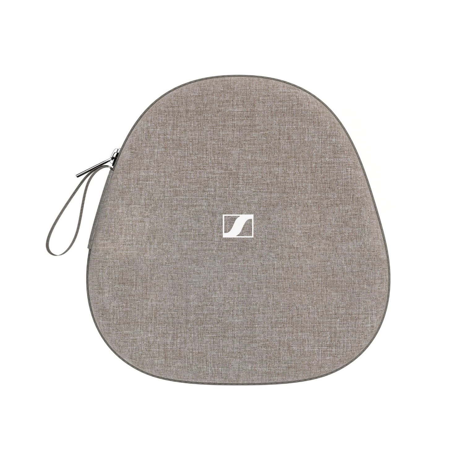 Grijze Sennheiser koptelefoonhoes. De hoes is ovaal van vorm. Wit Sennheiser logo op de voorkant.