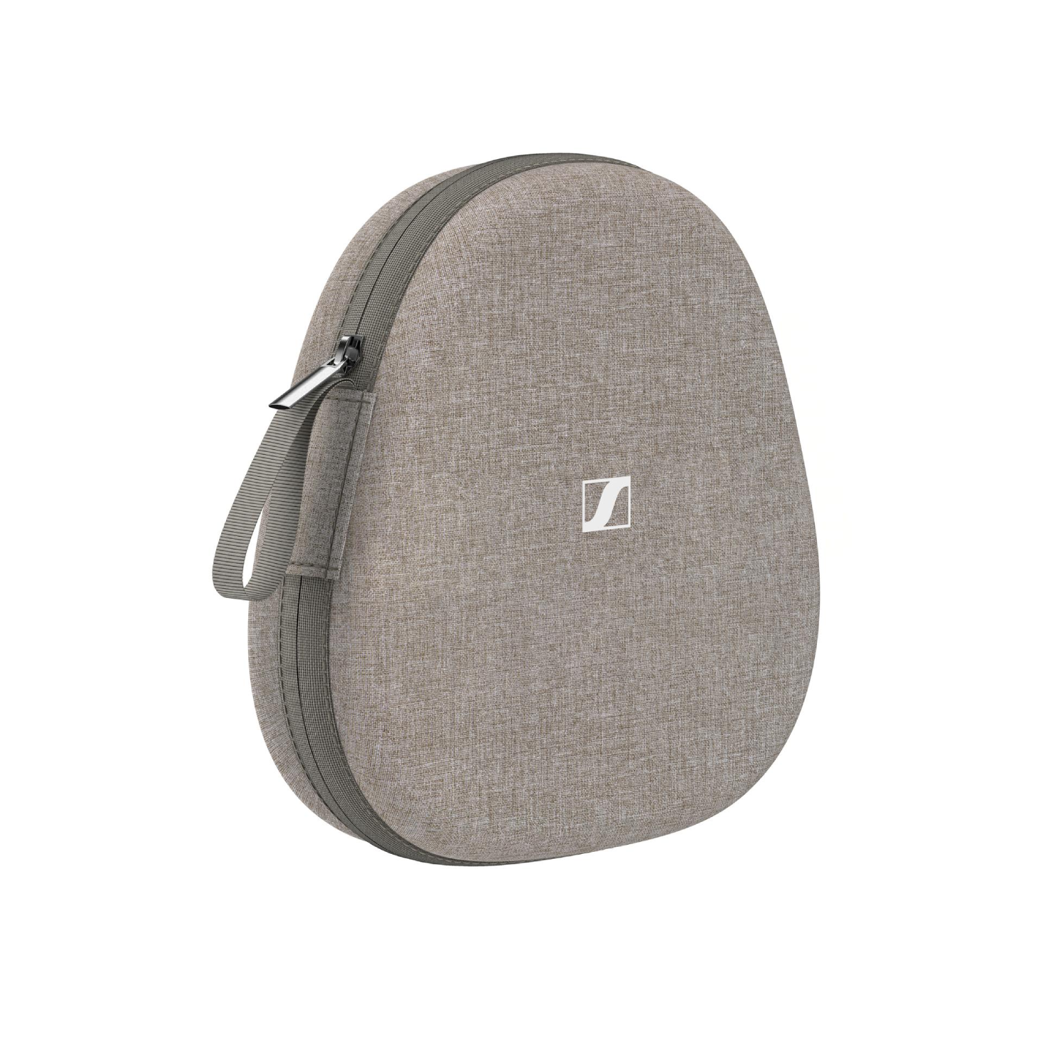Een lichtbruine, ovaalvormige hoofdtelefoonhoes met een rits en handvat, met het Sennheiser-logo.