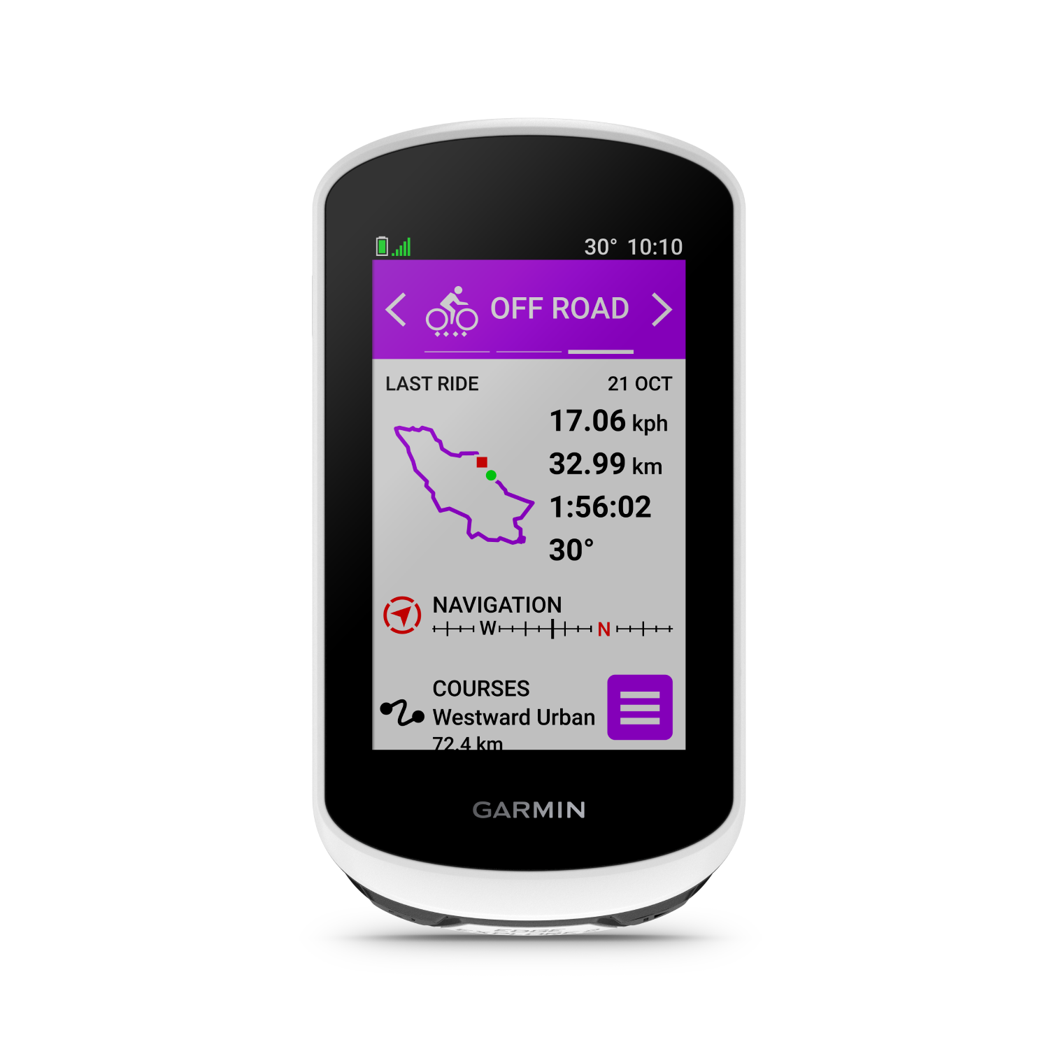 A Garmin cycling computer with a display showing a map and performance data.