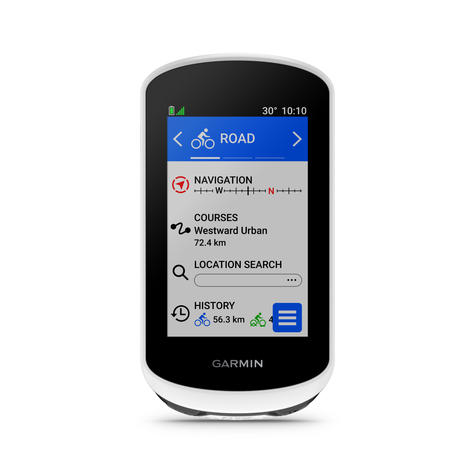 A Garmin GPS cycling computer with road navigation options.