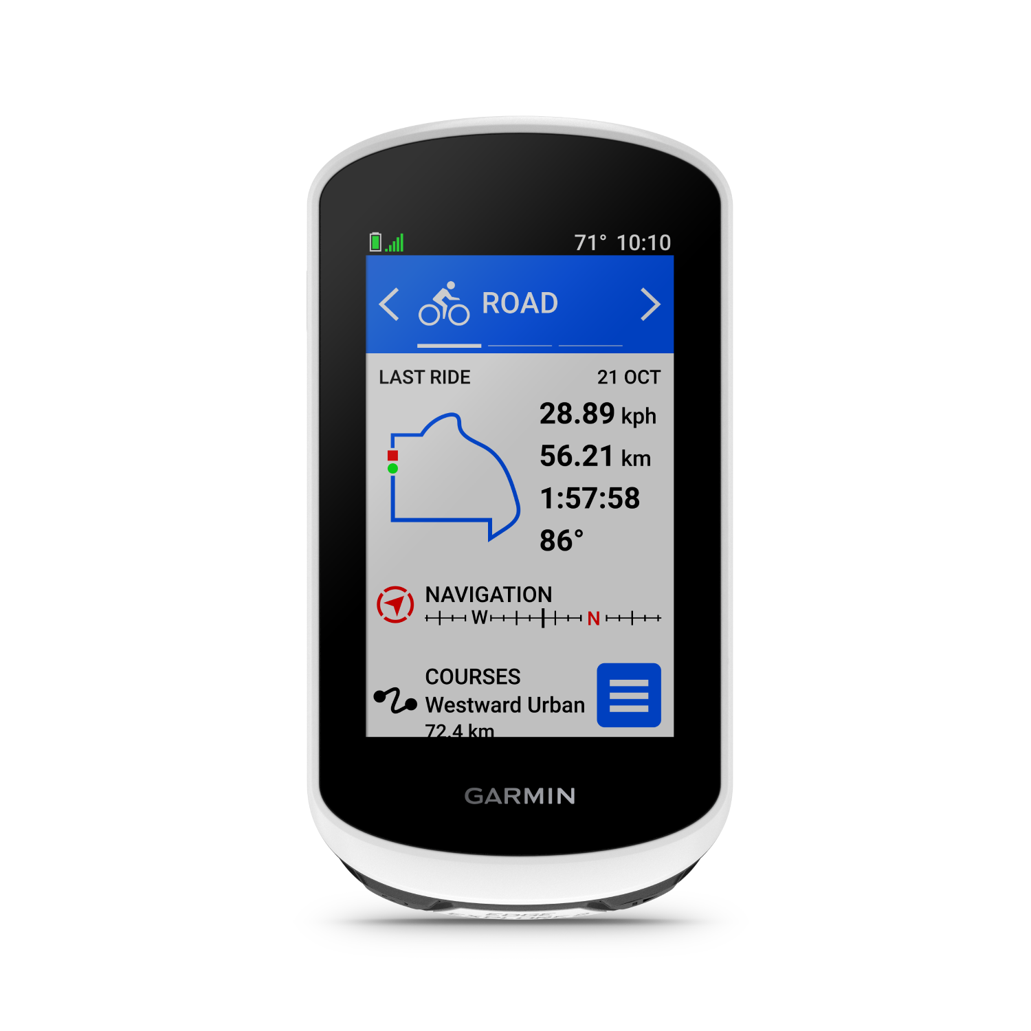 Garmin bike computer displays ride data: 28.89 km/h, 56.21 km.