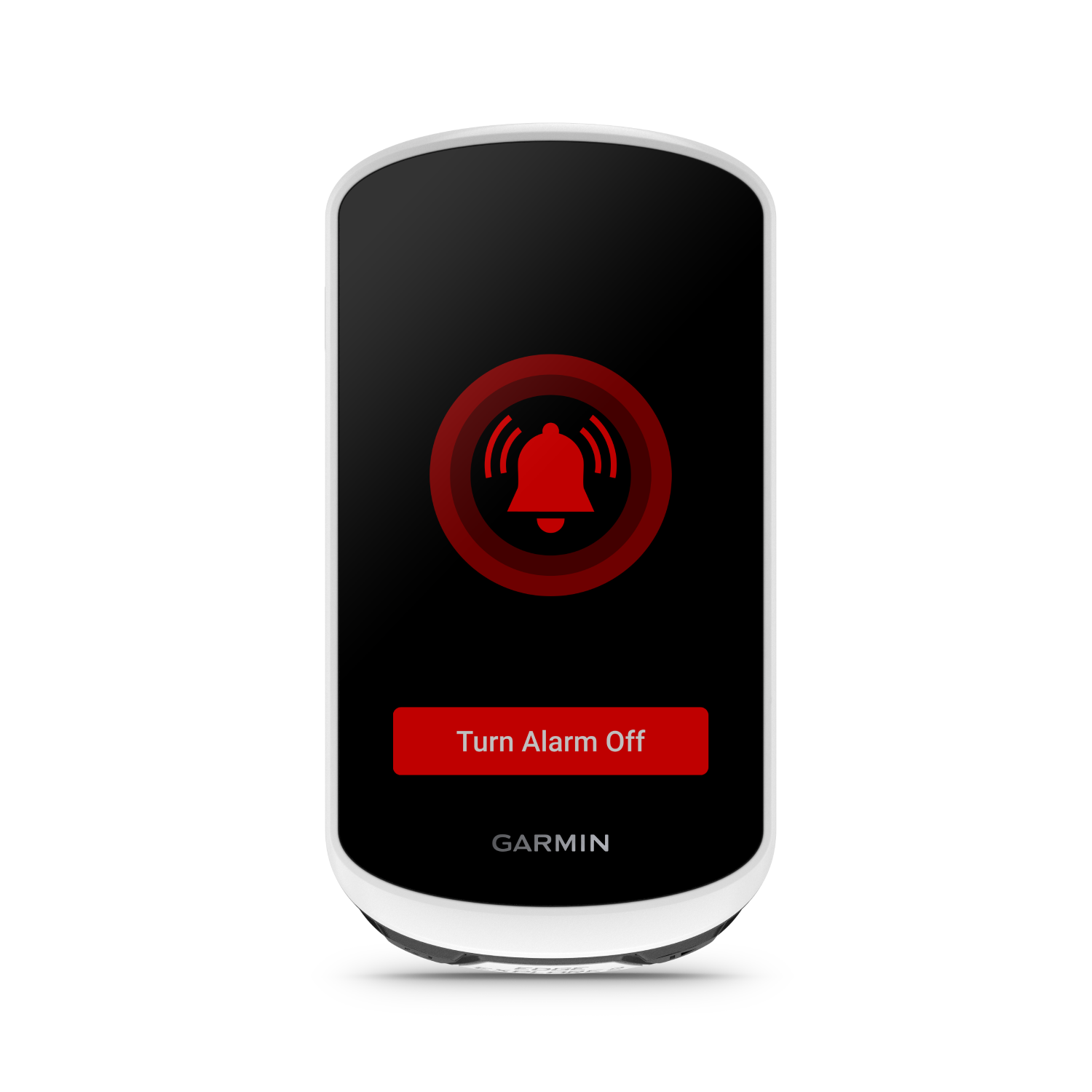 A black and white device with a red bell icon and the words "Turn Alarm Off" on it.
