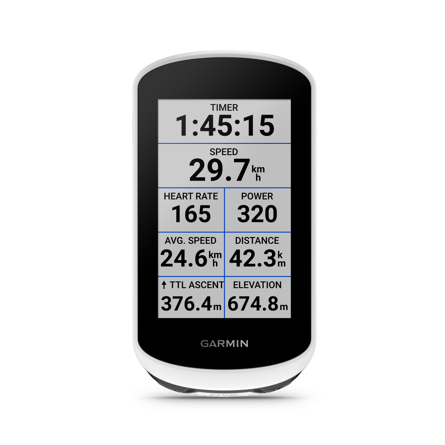 Cycling computer screen displaying time, speed, heart rate, power, and distance.
