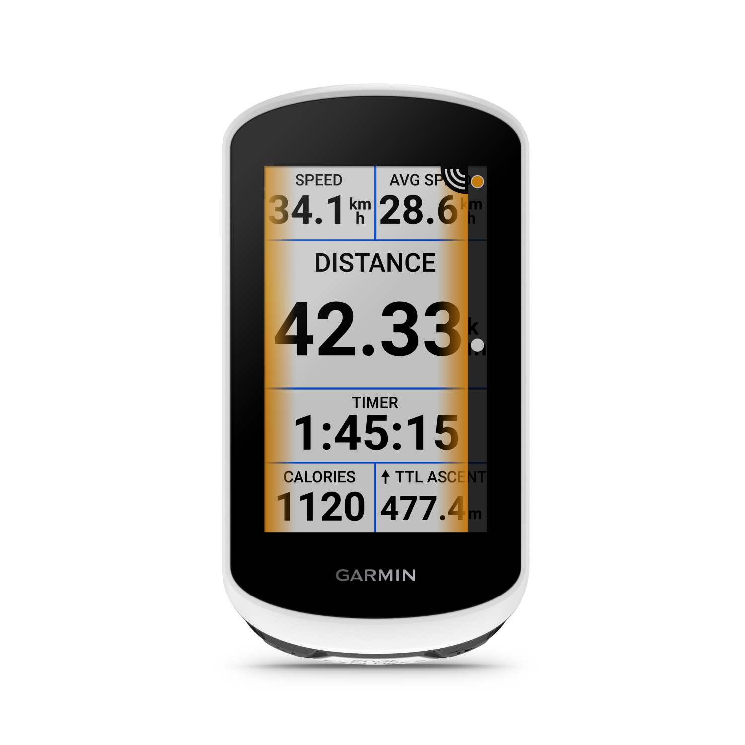Garmin cycling computer with speed, distance, and timer displayed.