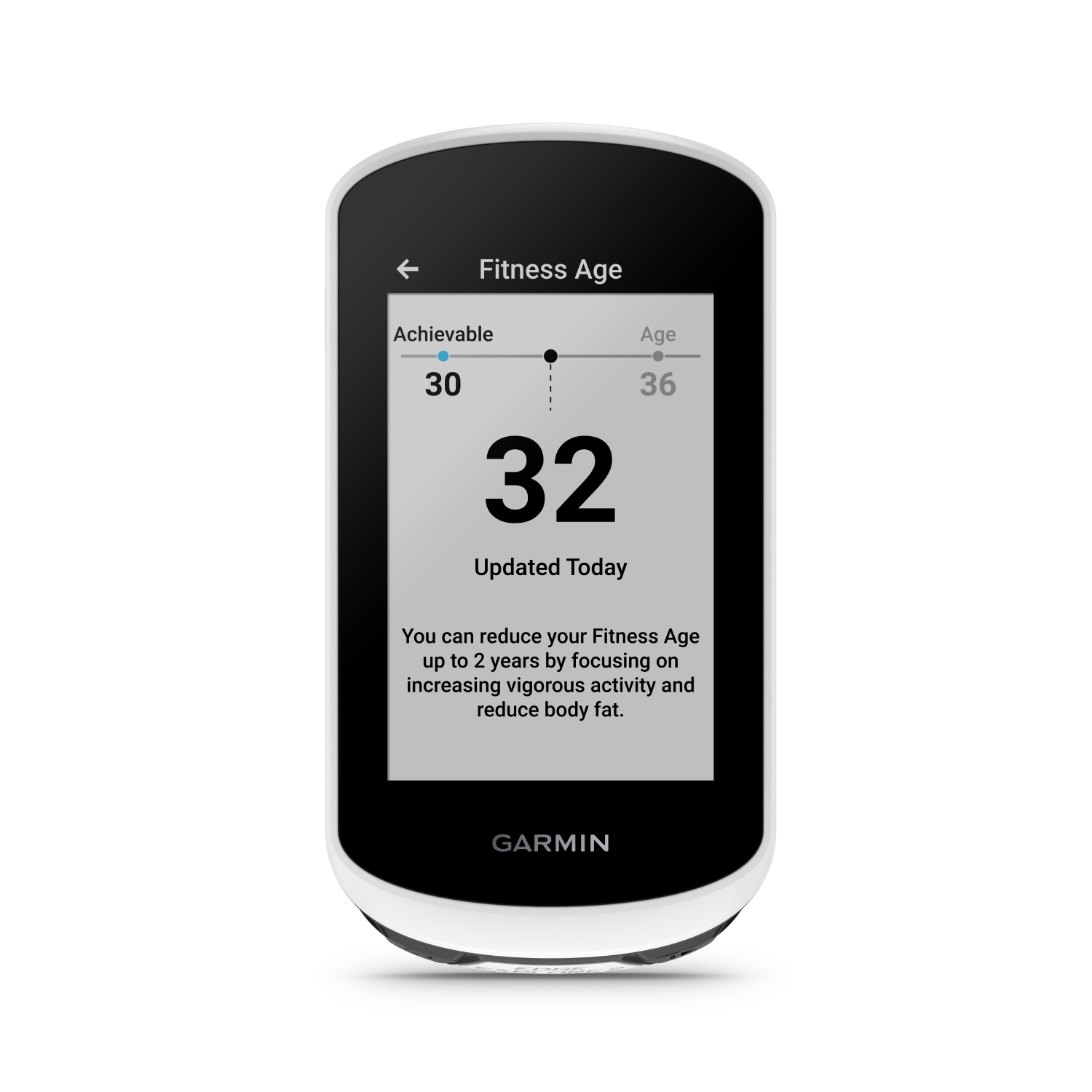 Garmin watch showing fitness age of 32, with achievable age of 30 and current age 36.
