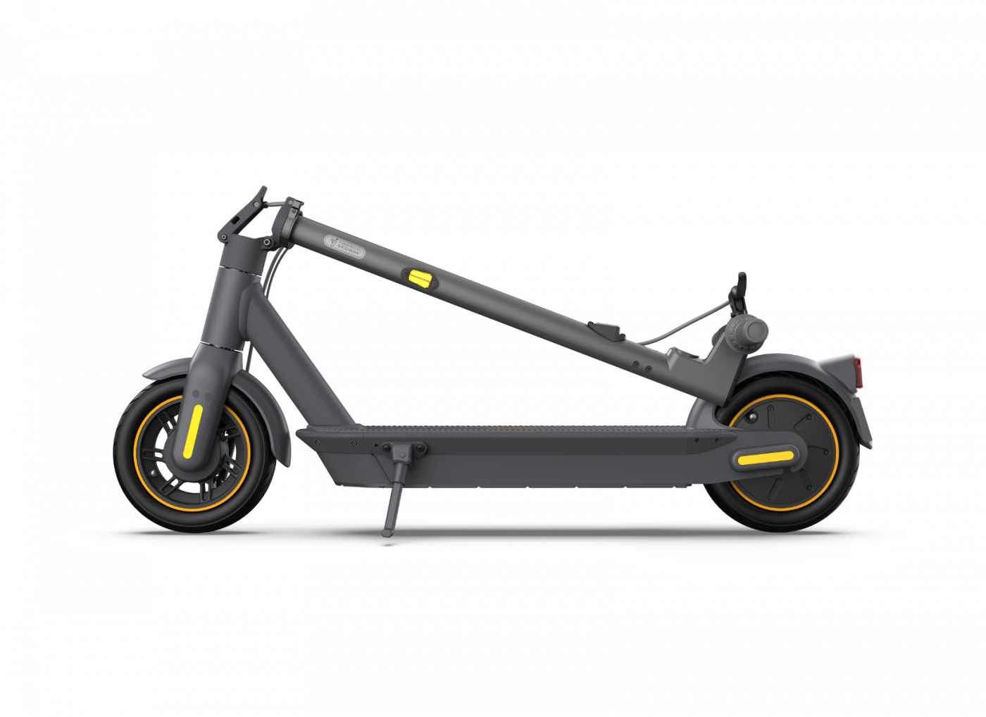 Sarı detaylı gri bir elektrikli scooter, katlanmış. Siyah arka plan.
