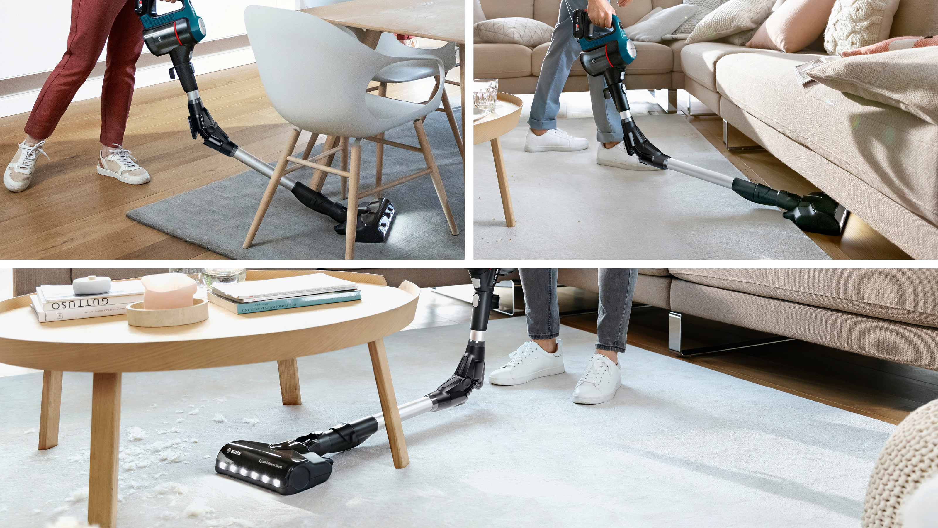 Staubsauger in Aktion auf verschiedenen Oberflächen. Zeigt die Reinigung eines Teppichs, eines Tisches und unter einem Sofa.