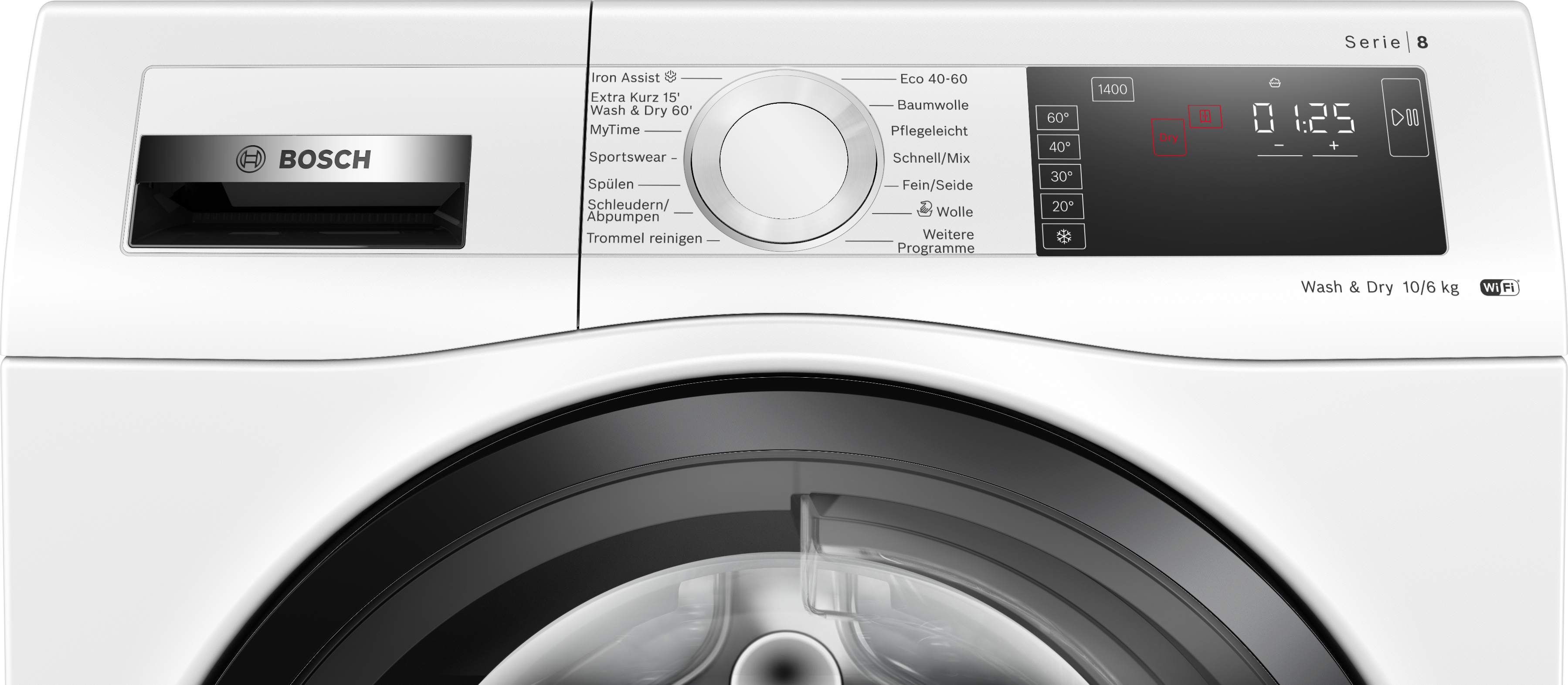 Weiße Waschmaschine mit Digitalanzeige und mehreren Programmen.