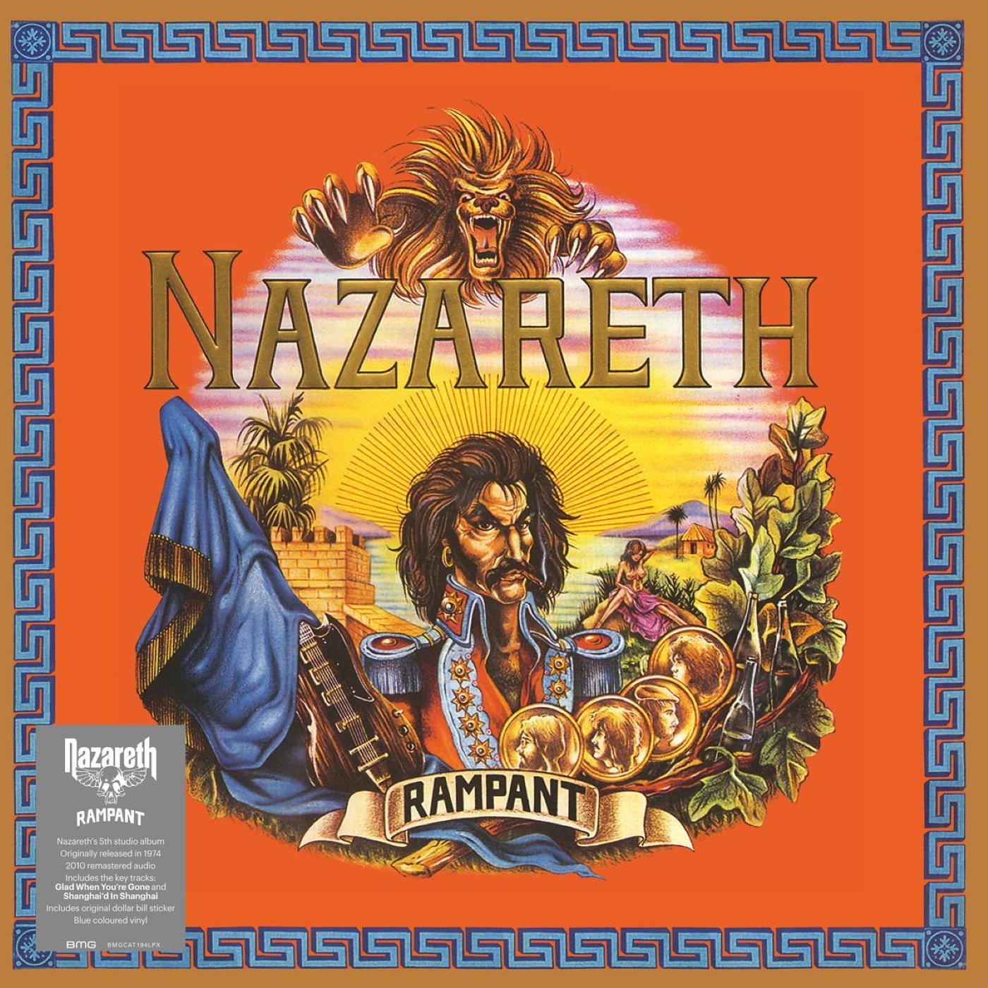 A Nazareth 'Rampant' című albumának borítója, oroszlánnal, férfival és részletes szegéllyel.