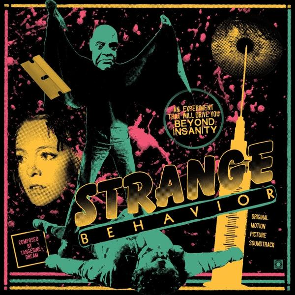 Album borító figurákkal, szöveggel: Strange Behavior, és egy borotvával.