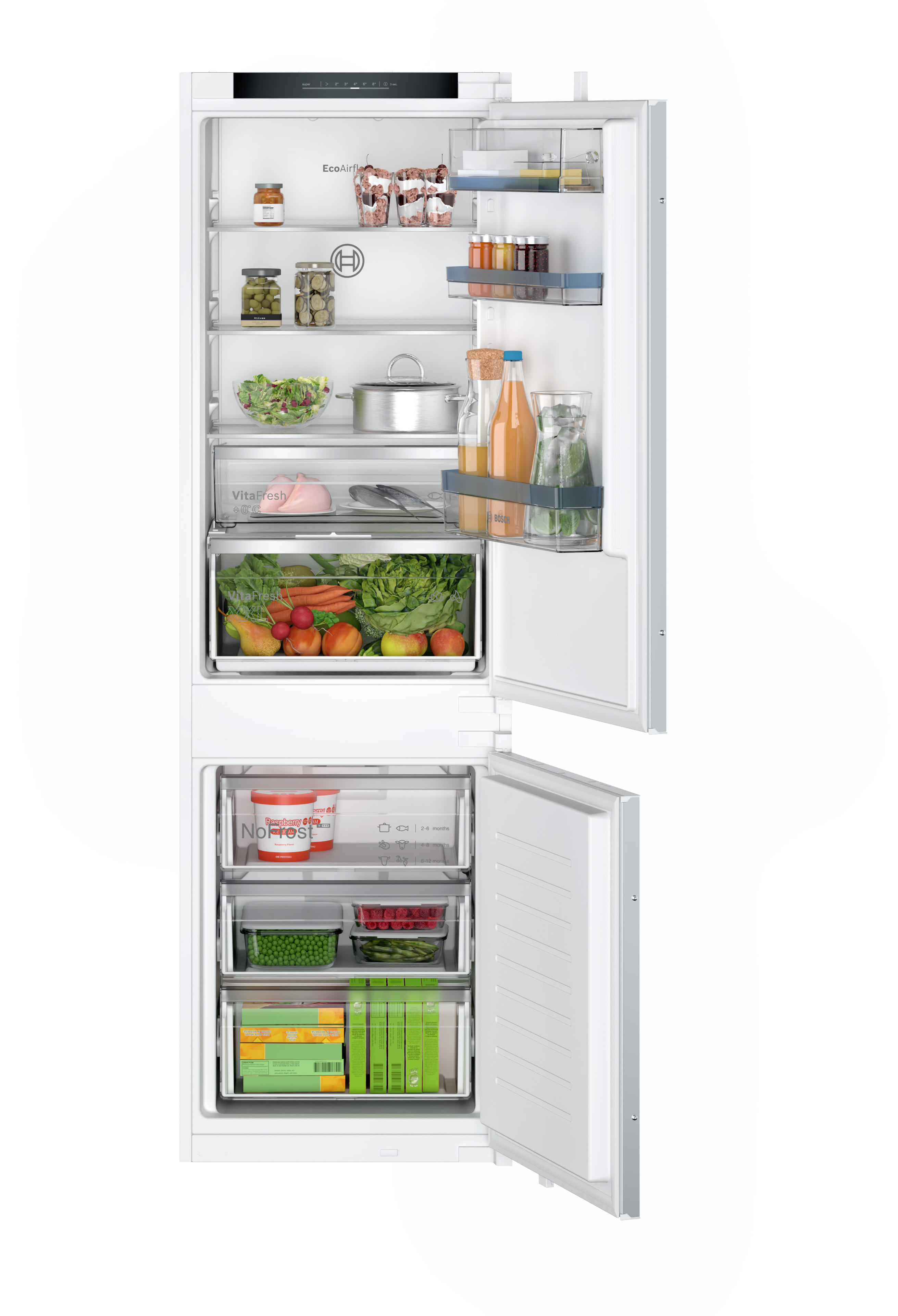 Kühlschrank mit offenen Türen, der das Innere zeigt.