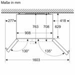 Diagramm mit Abmessungen eines Schranks, mit Maßen in mm.
