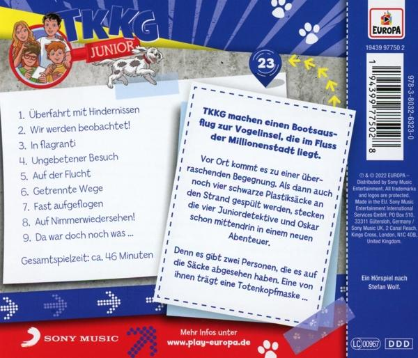 CD-Rückseite. Text auf Deutsch über eine TKKG Junior-Episode. Illustrationen und ein Barcode.