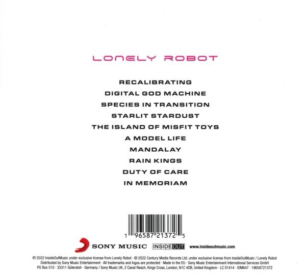 Albumcover für Lonely Robot mit Titelliste. Weißer Hintergrund mit pinkfarbenem Text. Sony Music Logo.