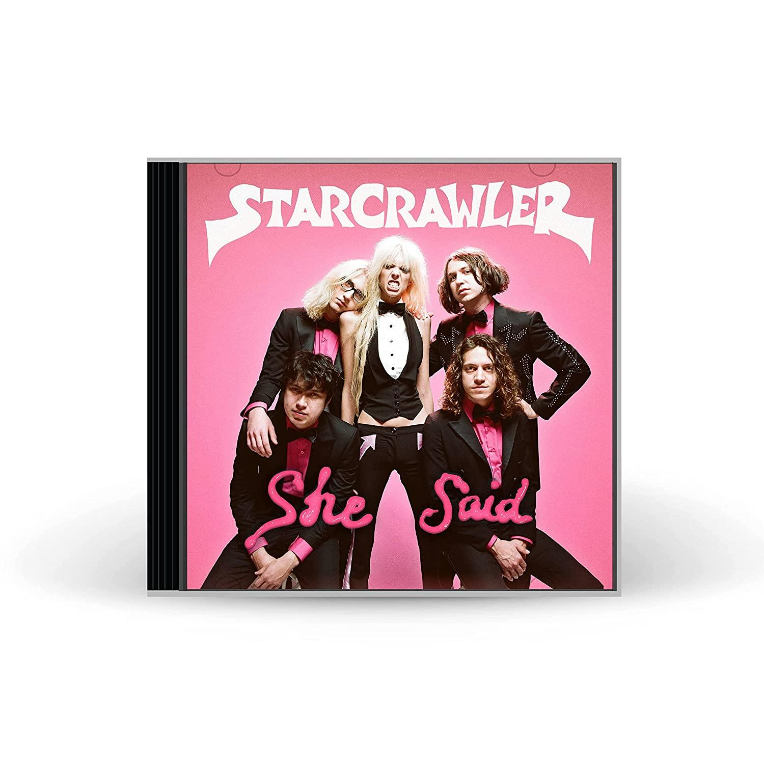 CD-Cover der Band Starcrawler. Die Mitglieder posieren vor einem rosa Hintergrund.