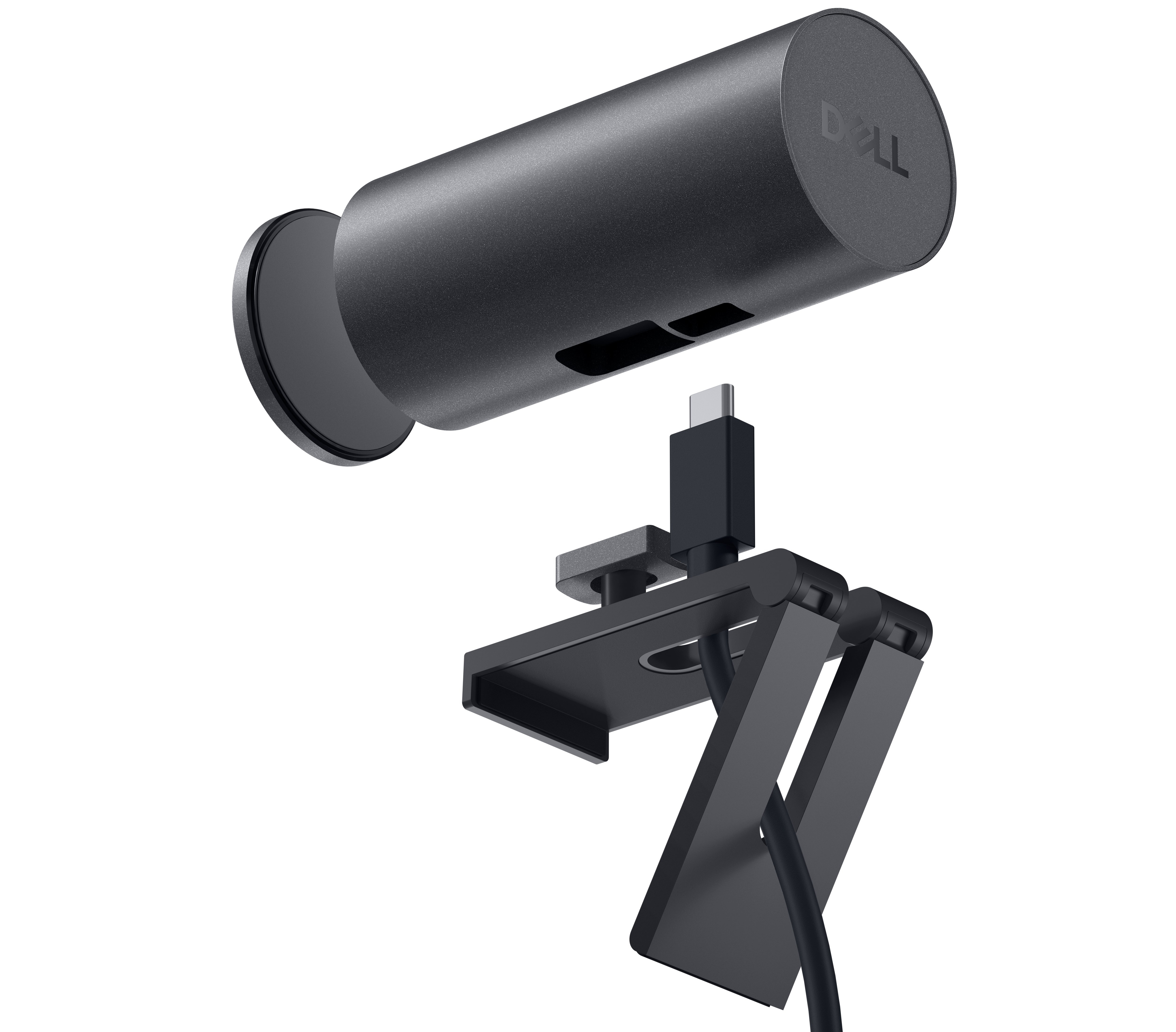 Eine schwarze Dell-Webcam mit zylindrischem Körper, Halterung und USB-C-Kabel auf weißem Hintergrund.