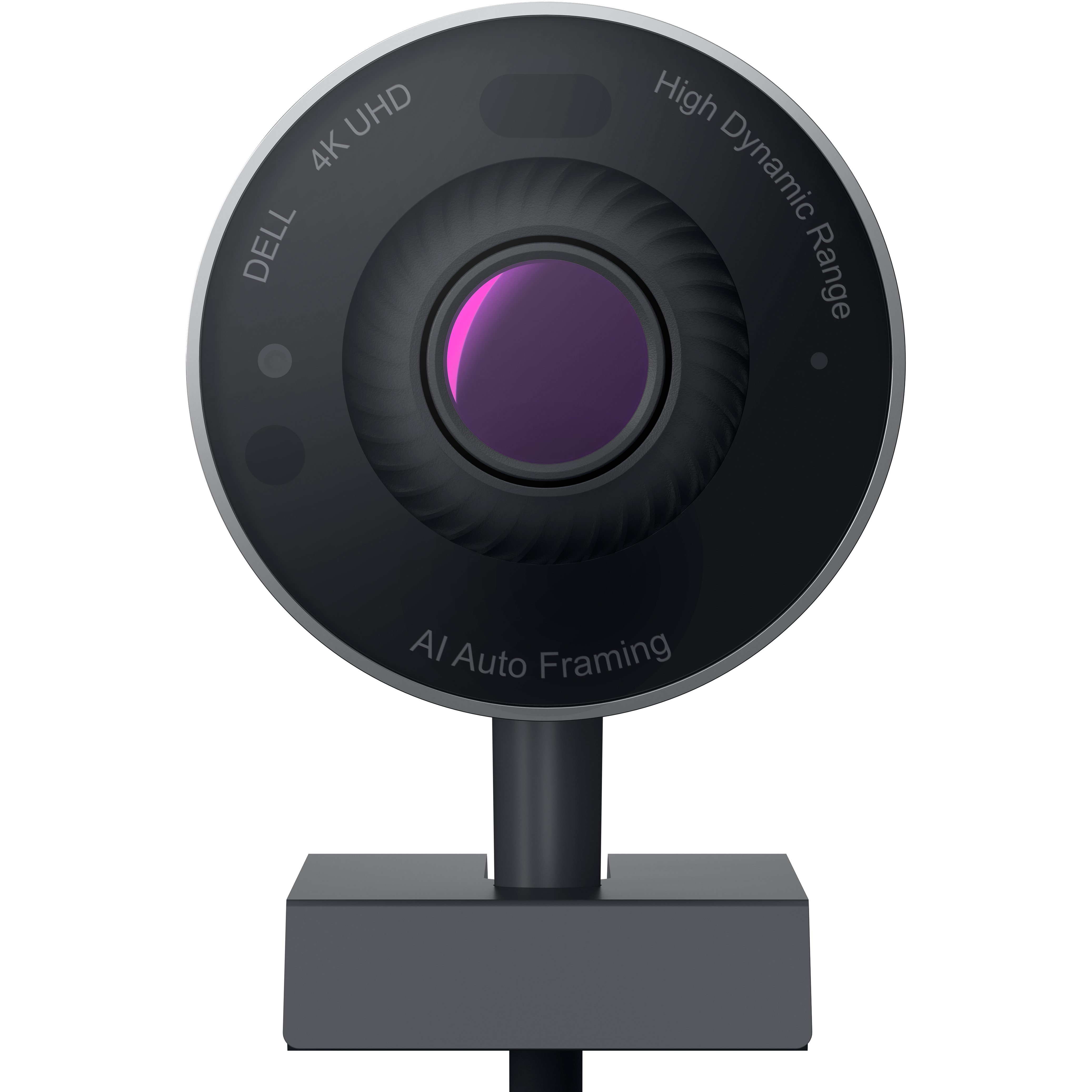 Eine schwarze Dell-Webcam mit einer violetten Linse. Sie hat den Text 'AI Auto Framing' und 'High Dynamic Range'.