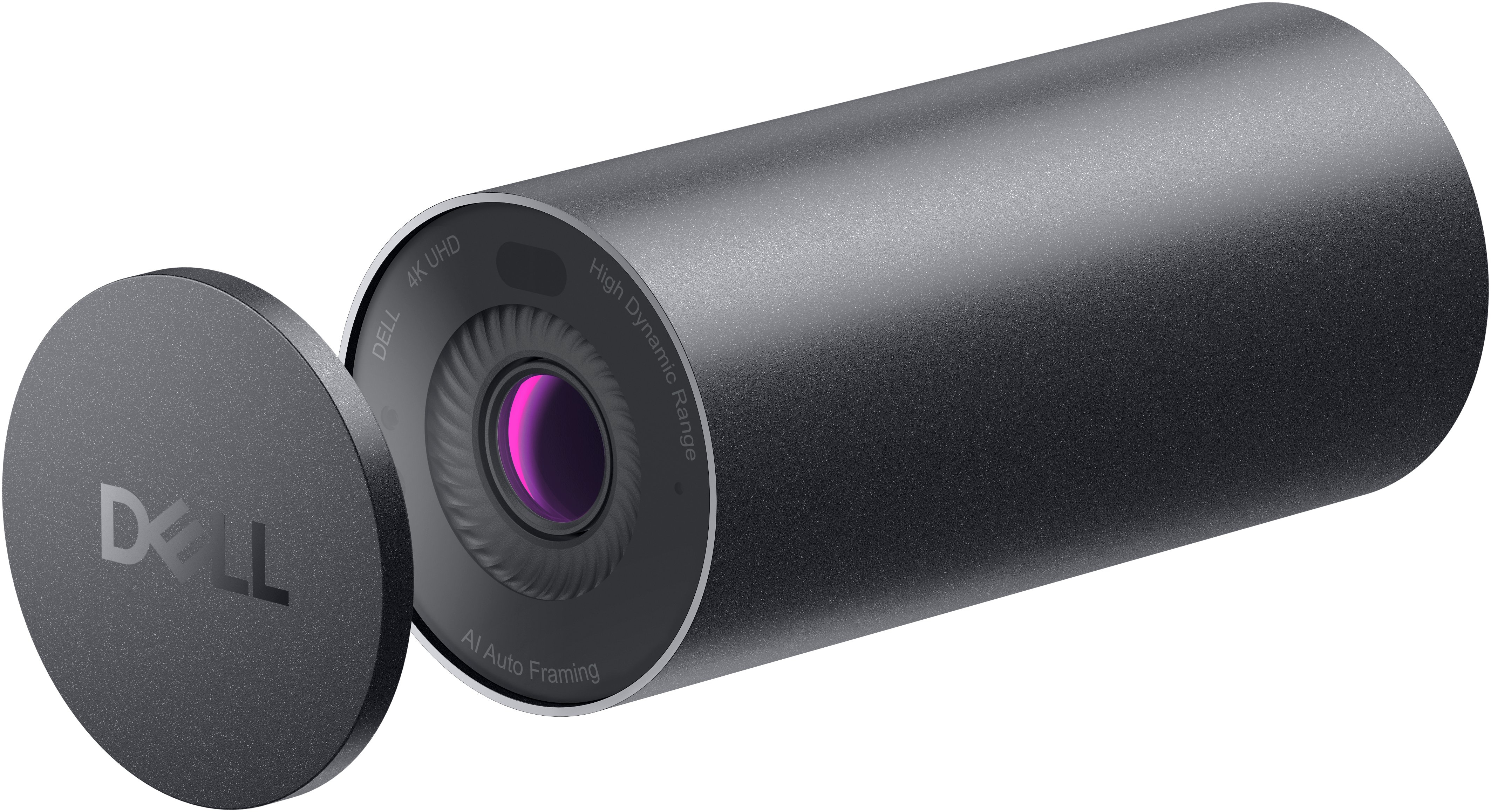 Eine zylindrische Dell-Webcam mit Objektiv. Das Objektiv hat rosa Reflexe. Eine abgenommene Abdeckung zeigt das Dell-Logo. Es ist eine 4K UHD Kamera.