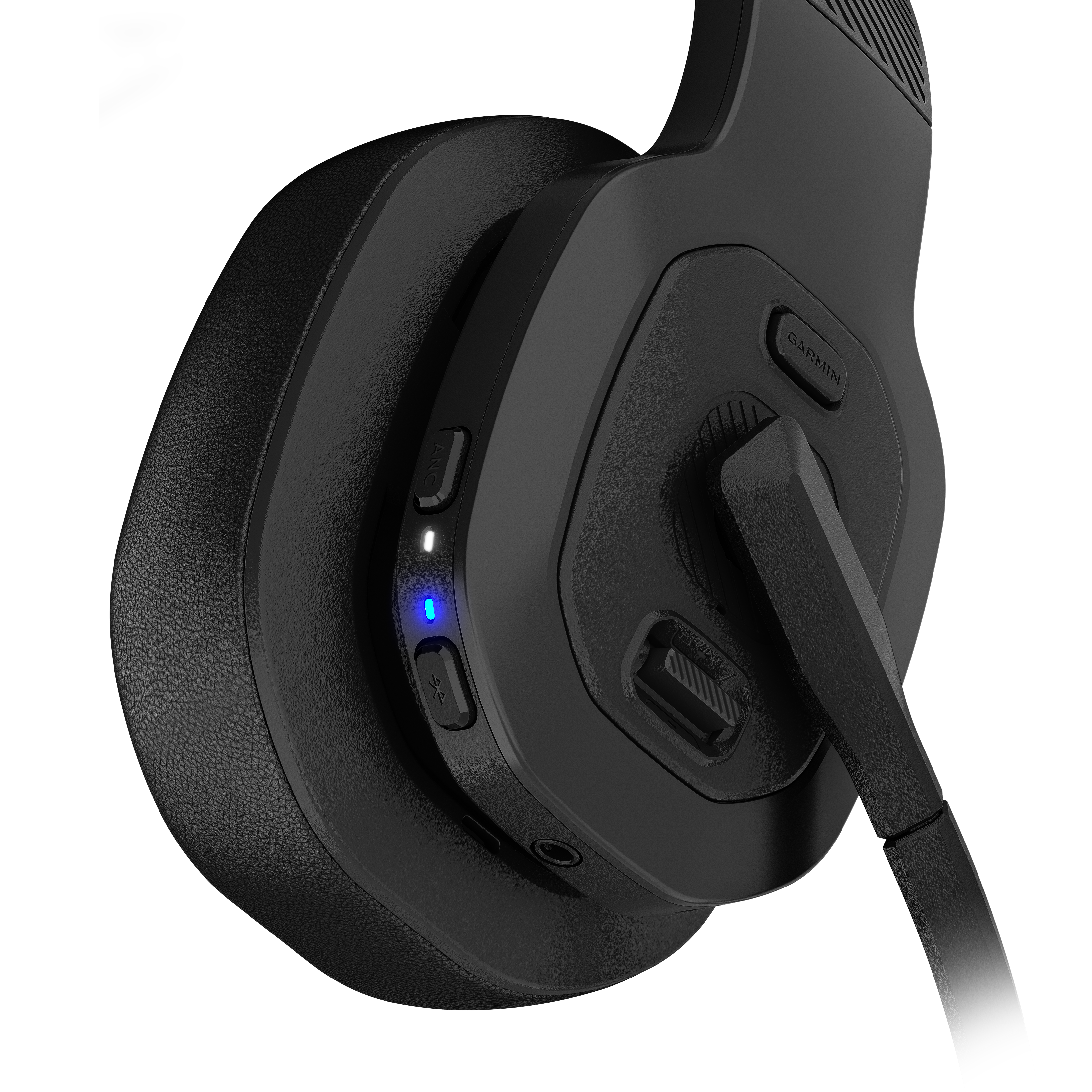 Schwarzes Headset mit Mikrofon und Steuertasten. Blaues Licht leuchtet.