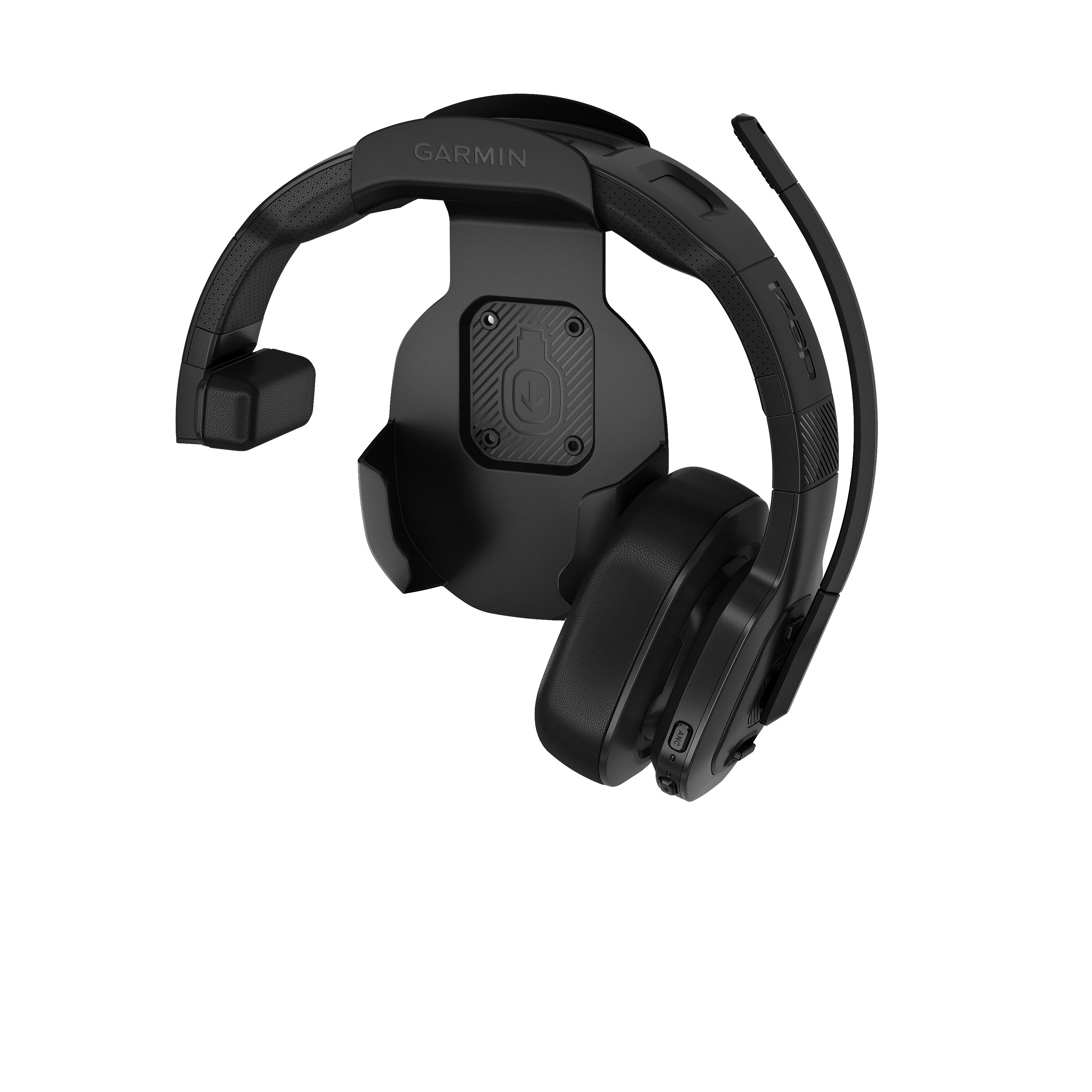 Schwarzes Garmin-Headset. Es hat ein Mikrofon, Ohrmuscheln und ein schwarzes Band für den Kopf.