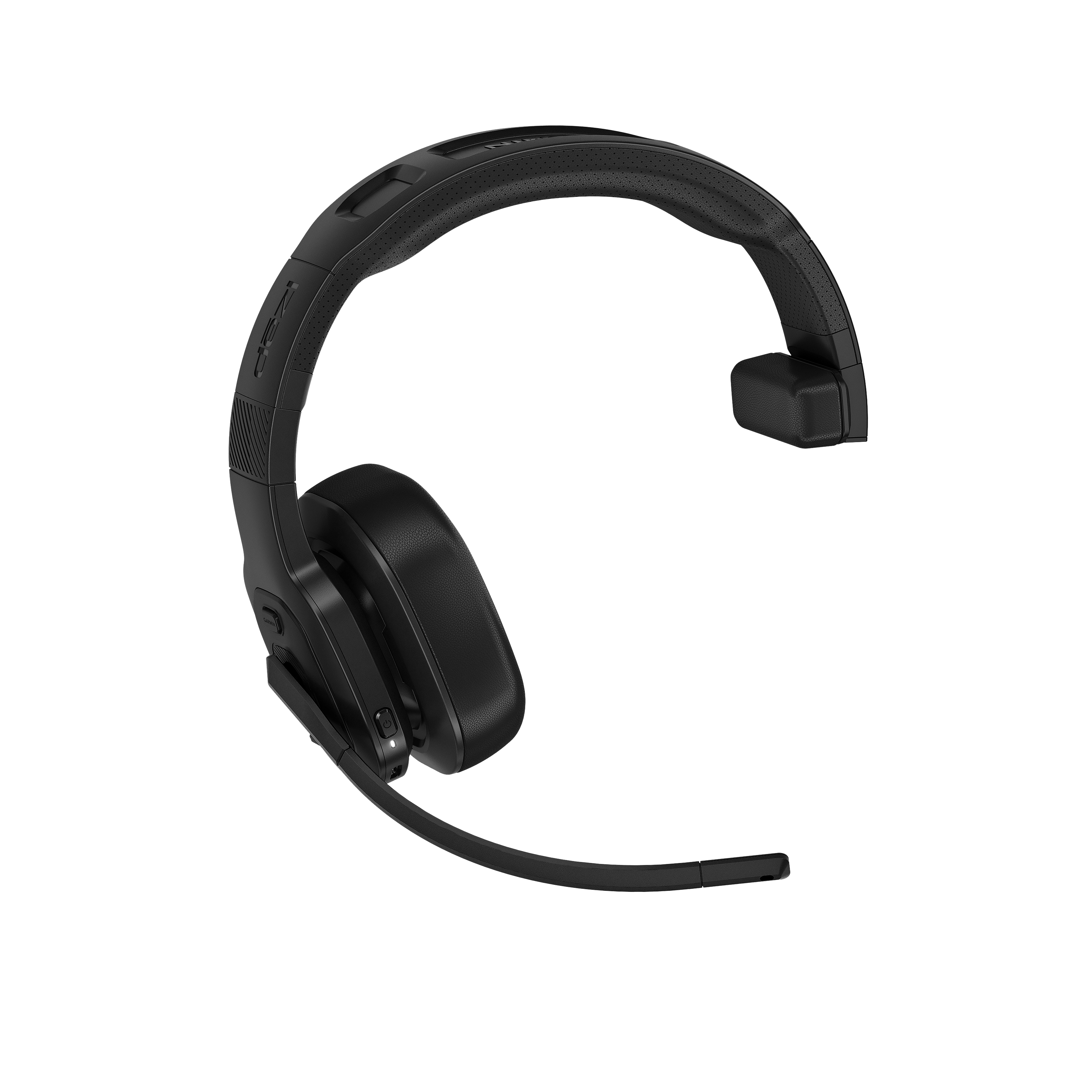 Ein schwarzes Headset mit Mikrofon. Es befindet sich auf weißem Hintergrund.
