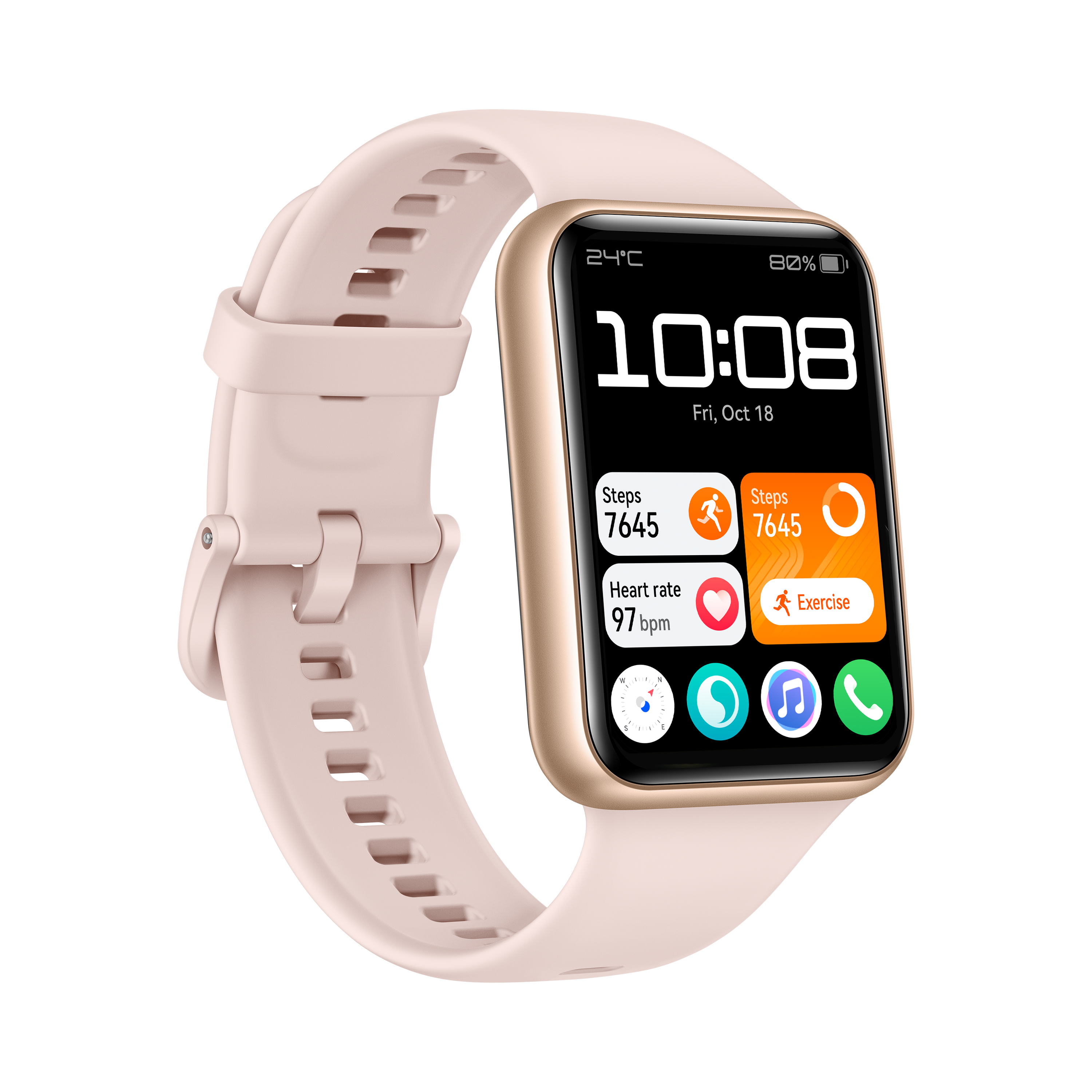 Un reloj inteligente oro rosa muestra la hora, pasos, frecuencia cardíaca y opciones de ejercicio.
