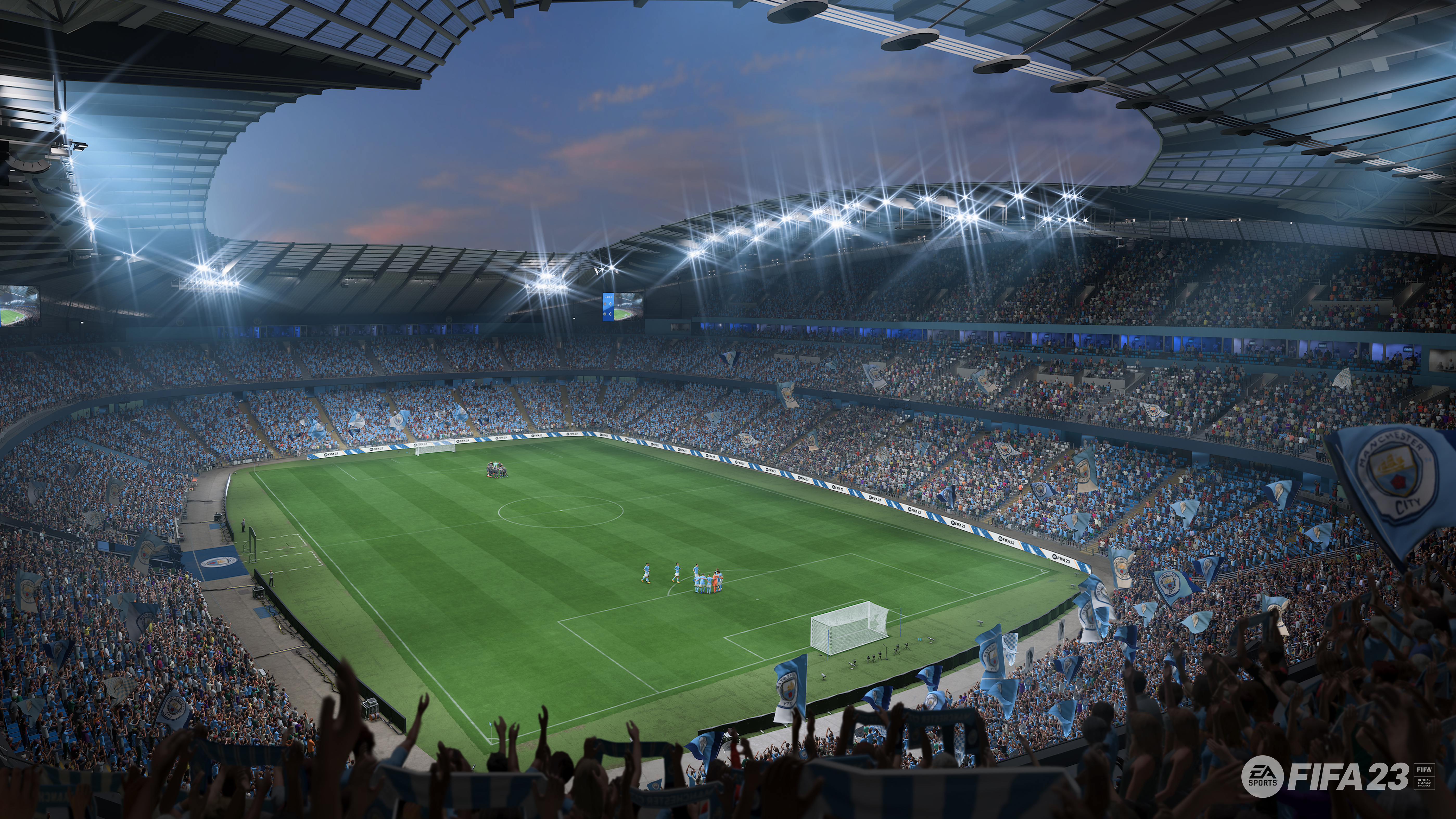 Vue plongeante d'un stade de football rempli de spectateurs.