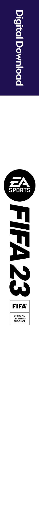 EA Sports FIFA 23 Logo. Digitaler Download-Text oben, Schwarz-Weiß-Farben.