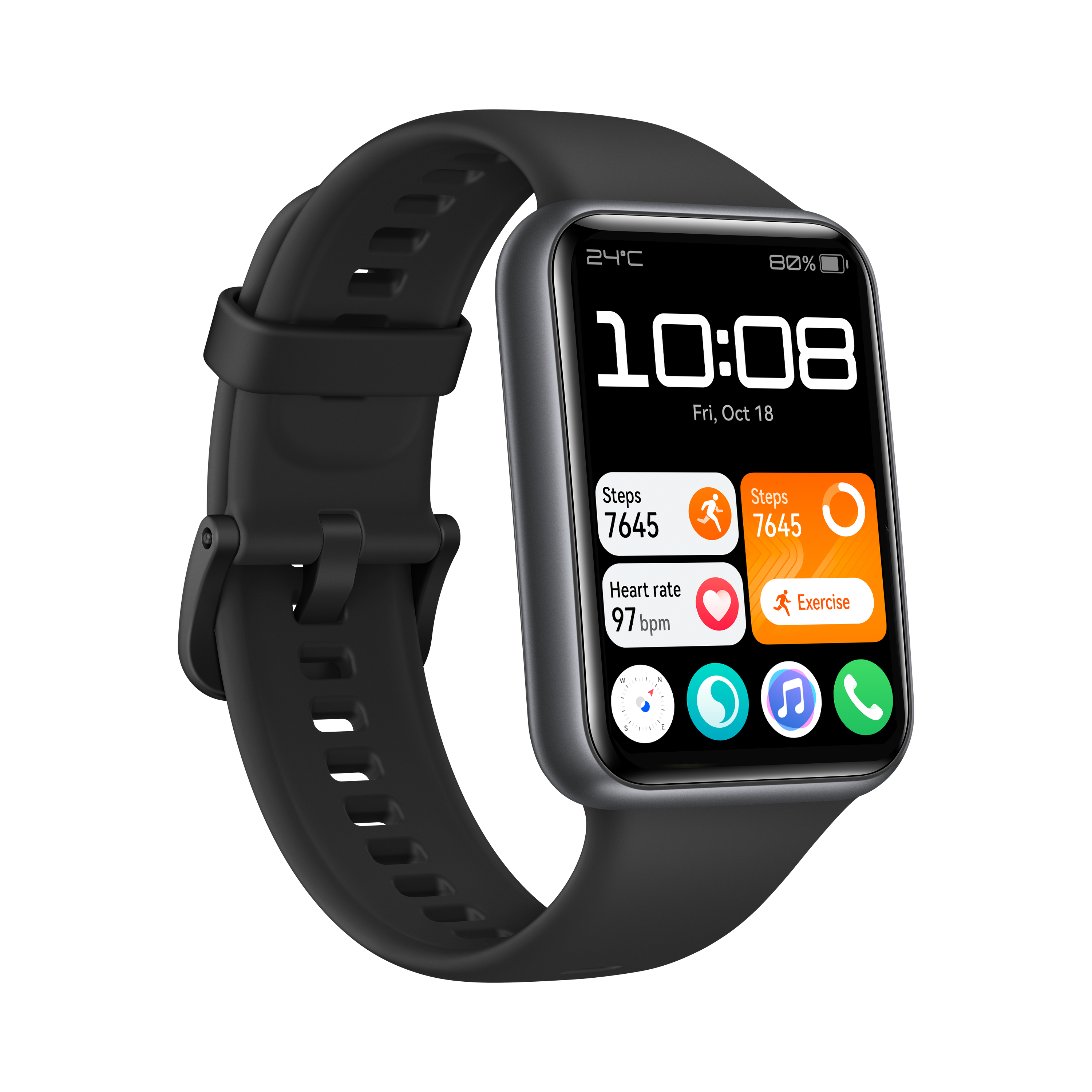 Un reloj inteligente negro que muestra la hora, métricas de salud e iconos de aplicaciones.