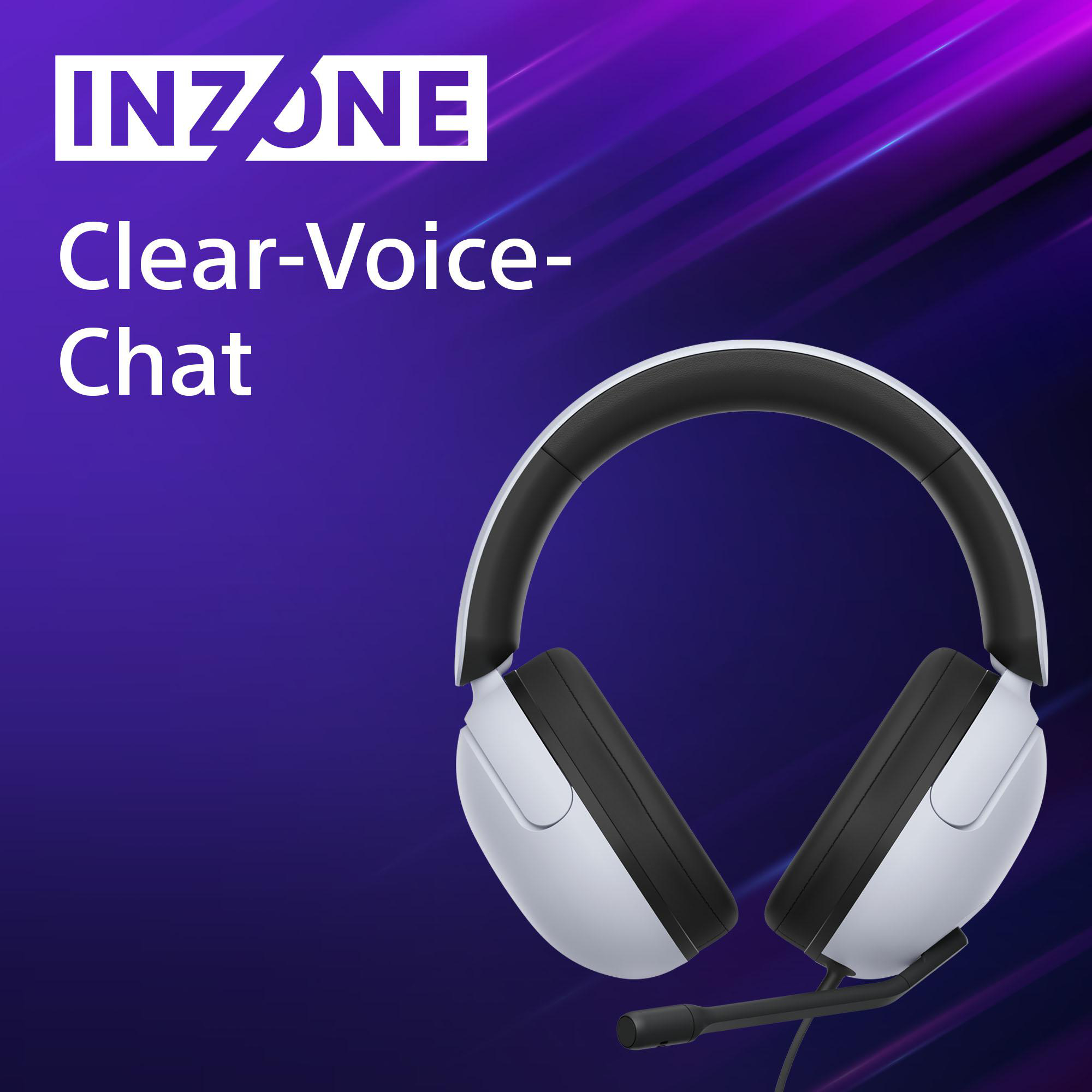 Weißes und schwarzes Gaming-Headset mit dem Wort 'INZONE' und 'Clear-Voice-Chat'.