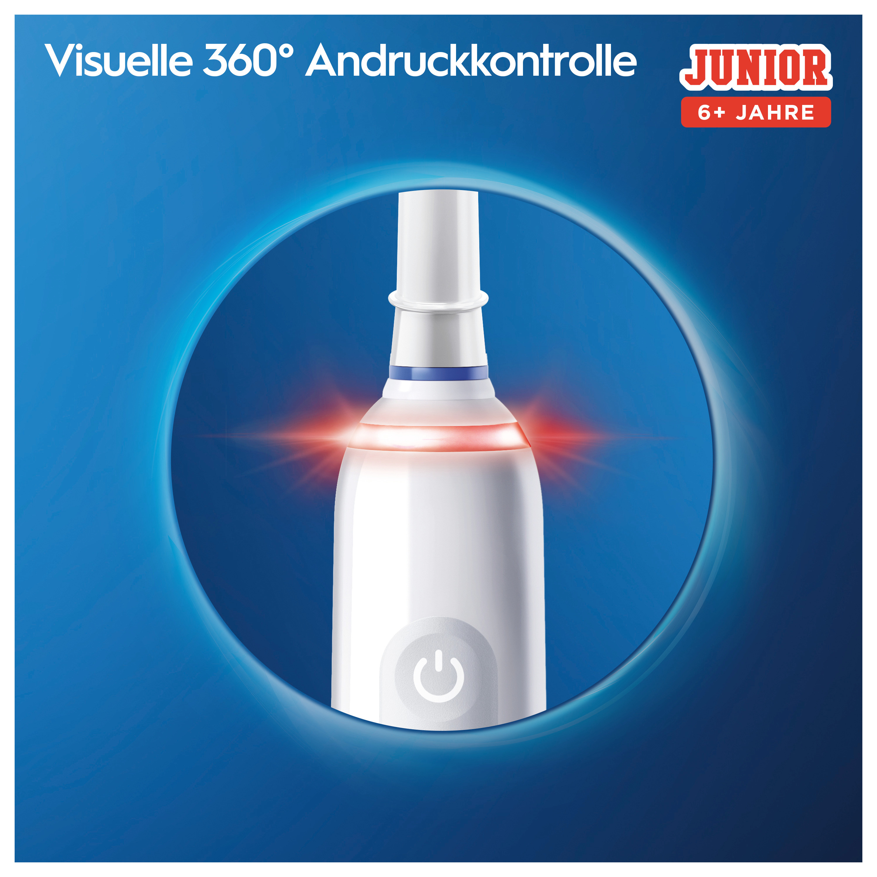Elektrische Zahnbürste mit blauem Kreis und rotem Licht. Weißer Bürstenkopf, blaue Akzente.