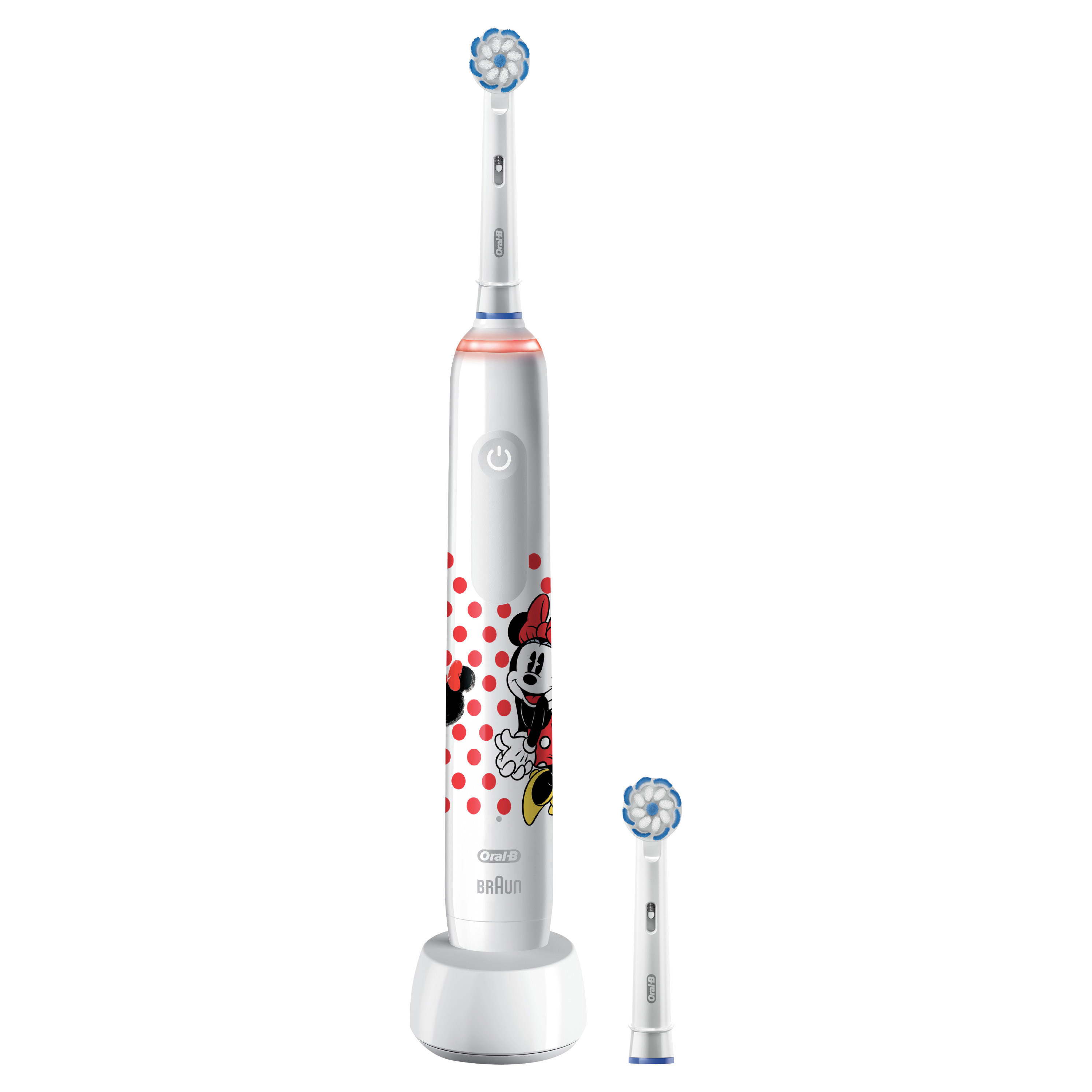 Weiße elektrische Zahnbürste mit Minnie Mouse-Design, Ladestation und Ersatzkopf.