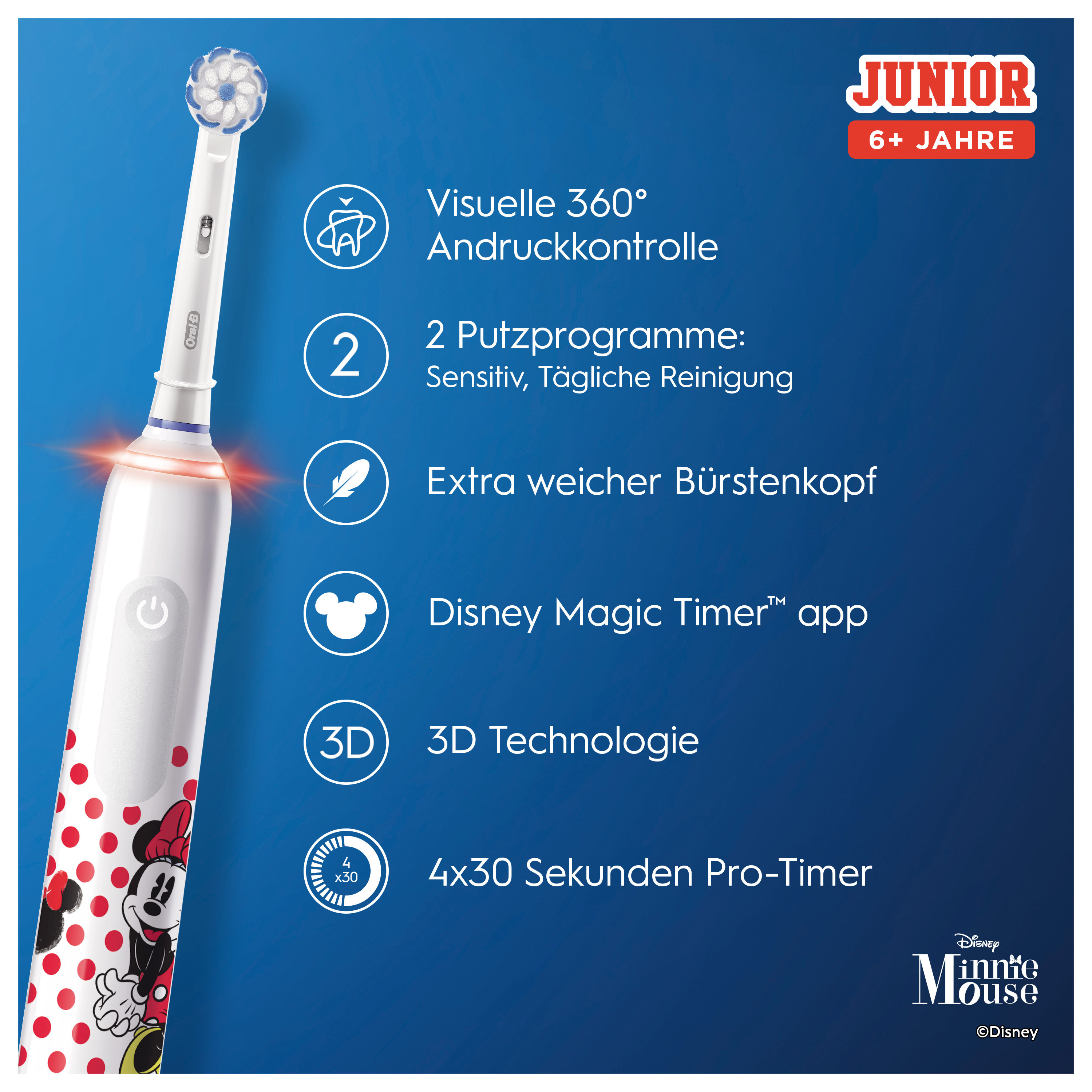 Weiße elektrische Zahnbürste mit Minnie Maus-Grafiken. Merkmale: Timer, Drucksensor, 3D-Technologie.