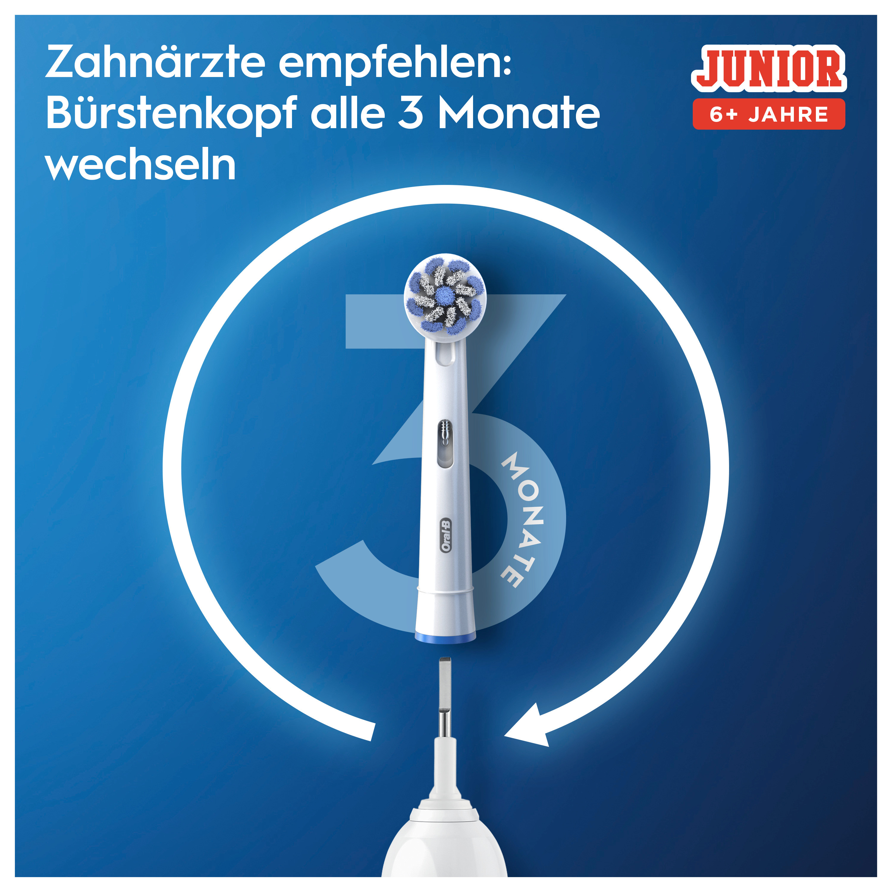Elektrischer Zahnbürstenkopf mit blauem Hintergrund und der Zahl 3.