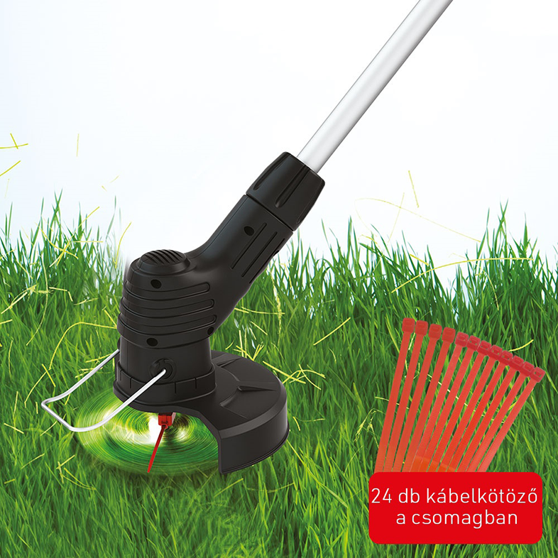 Elektromos fűszegélynyíró zöld füvön, piros kábelkötegelőkkel.