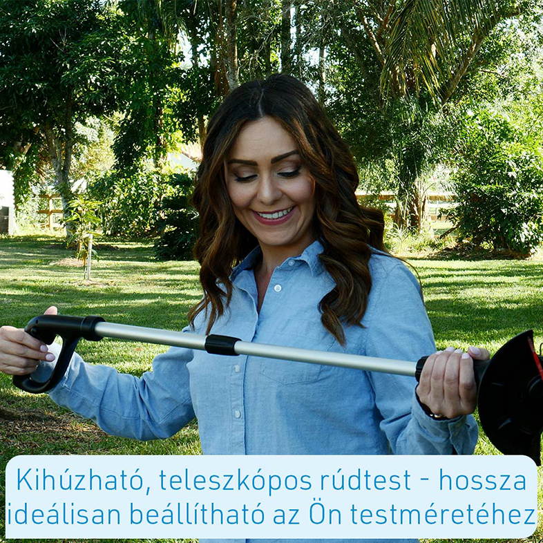 Egy nő mosolyog, miközben egy fűkaszát tart. Szöveg a kép alján.