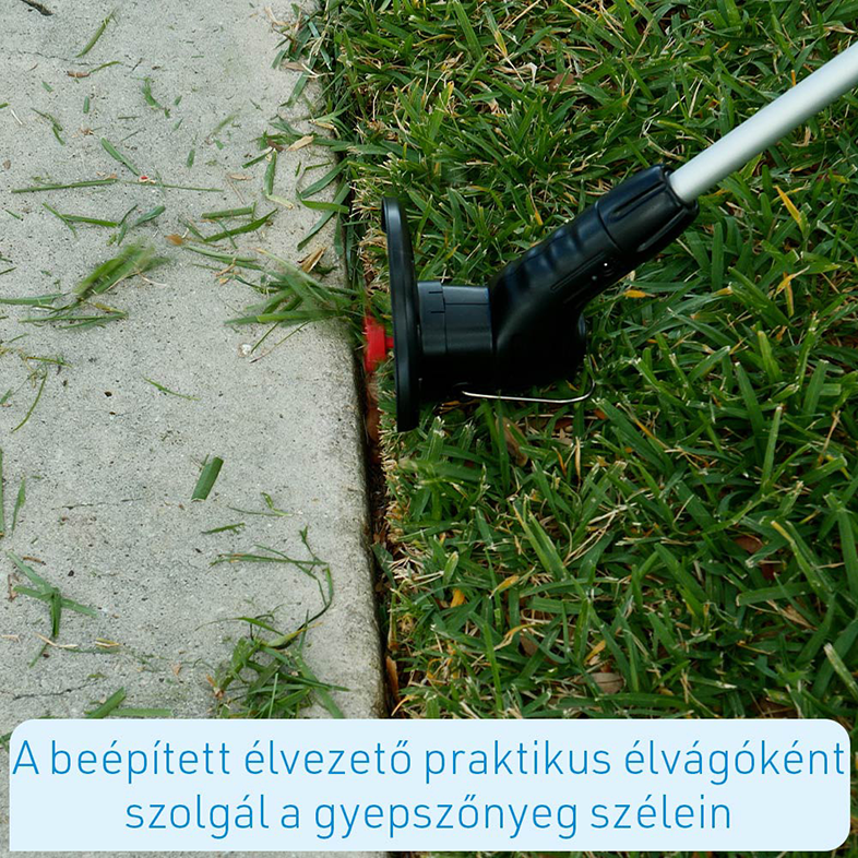A gyep szélét fekete-piros szerszámmal vágják.