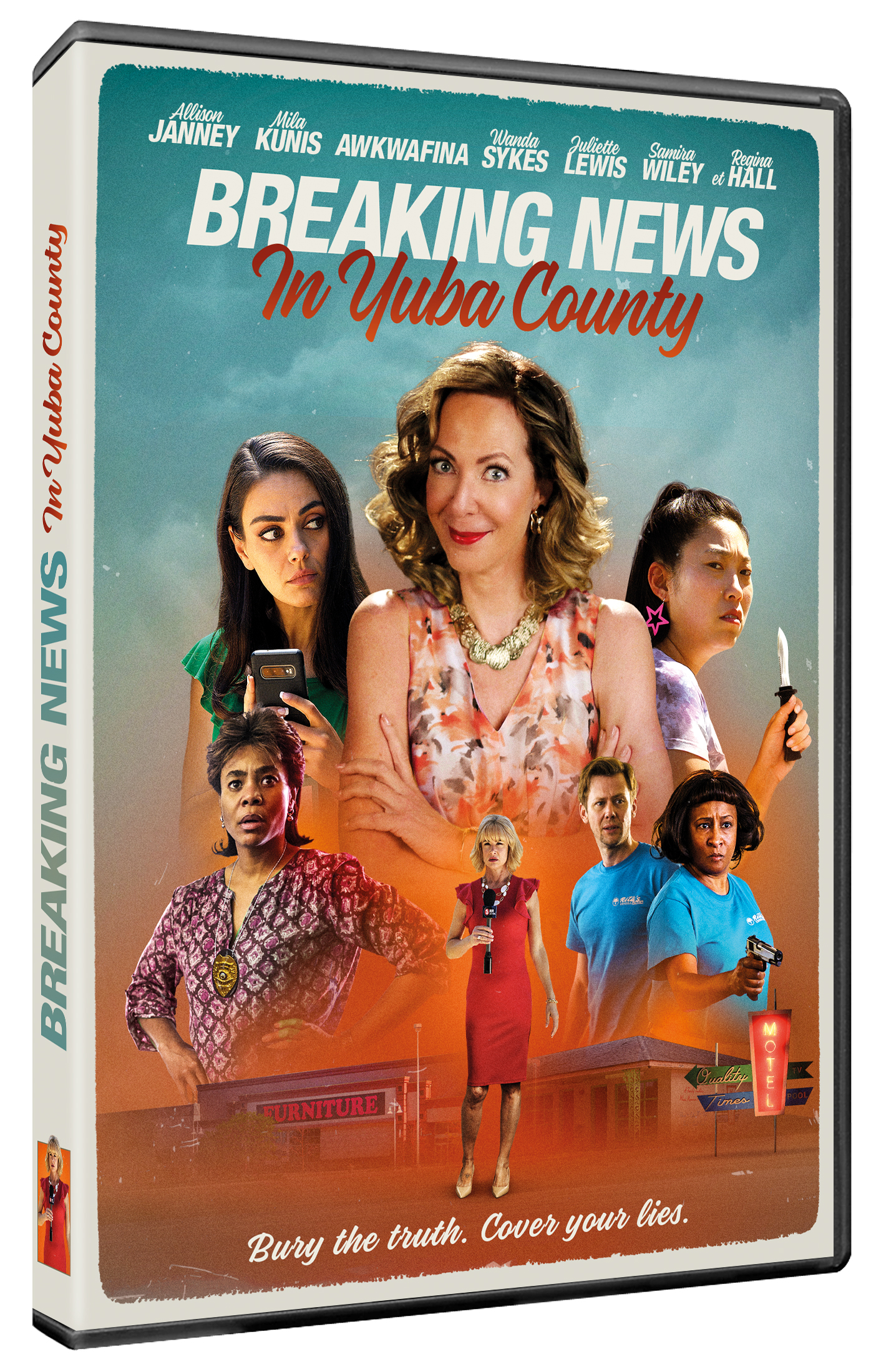 Filmaffiche van 'Breaking News in Yuba County' met een groep mensen.