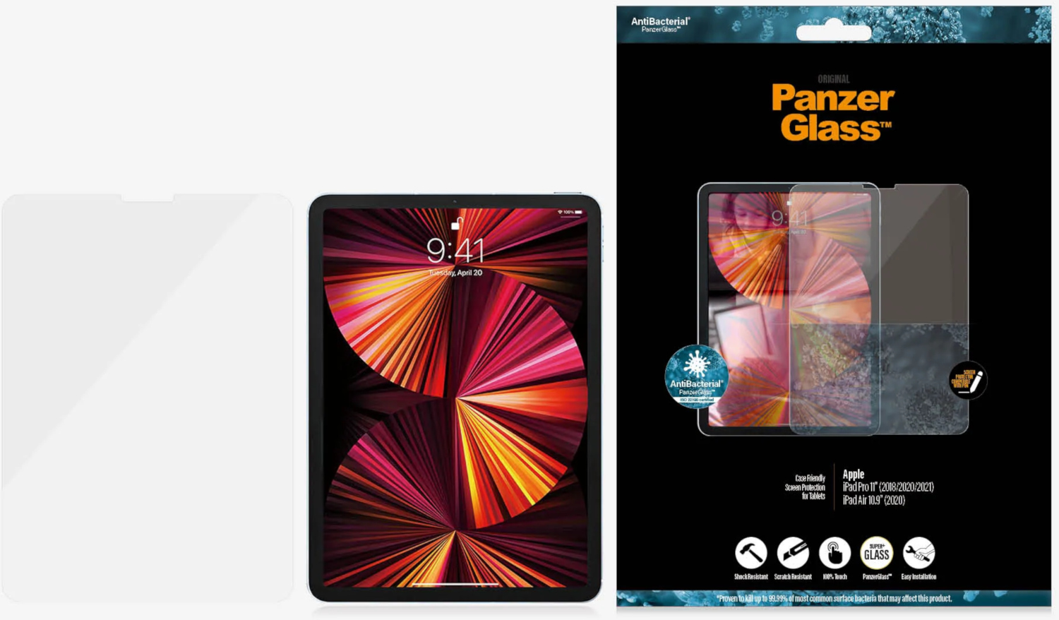 Tablet met schermbeschermer, beschermhoes en verpakking.