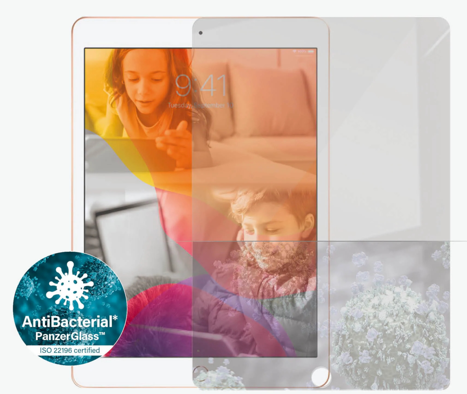 Een iPad met een schermbeschermer, waarop kinderen aan het lezen zijn.