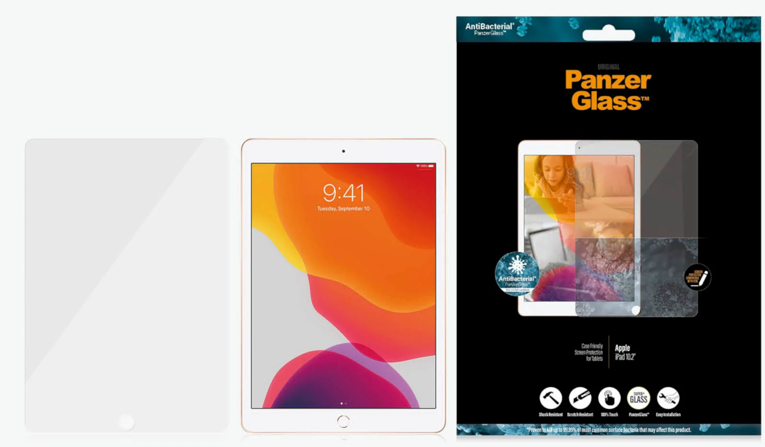Schermbeschermer met iPad en verpakking. De iPad geeft een beginscherm weer.