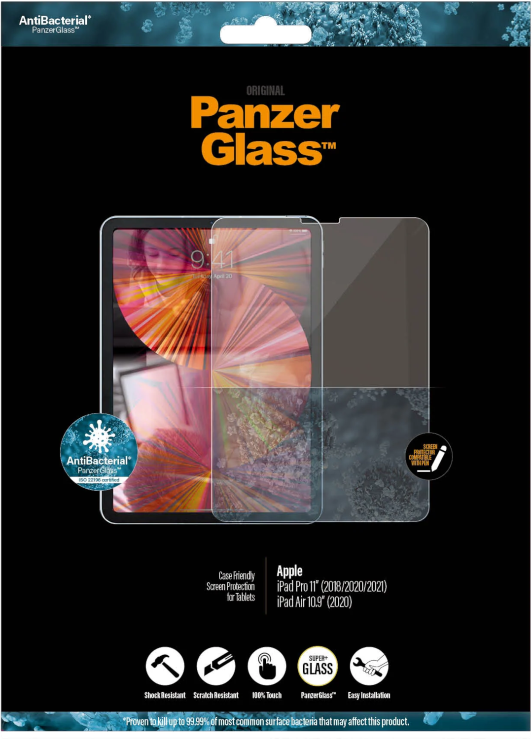 PanzerGlass screenprotector doos, iPad binnenin. Zwart-wit ontwerp. Tekstlabels.